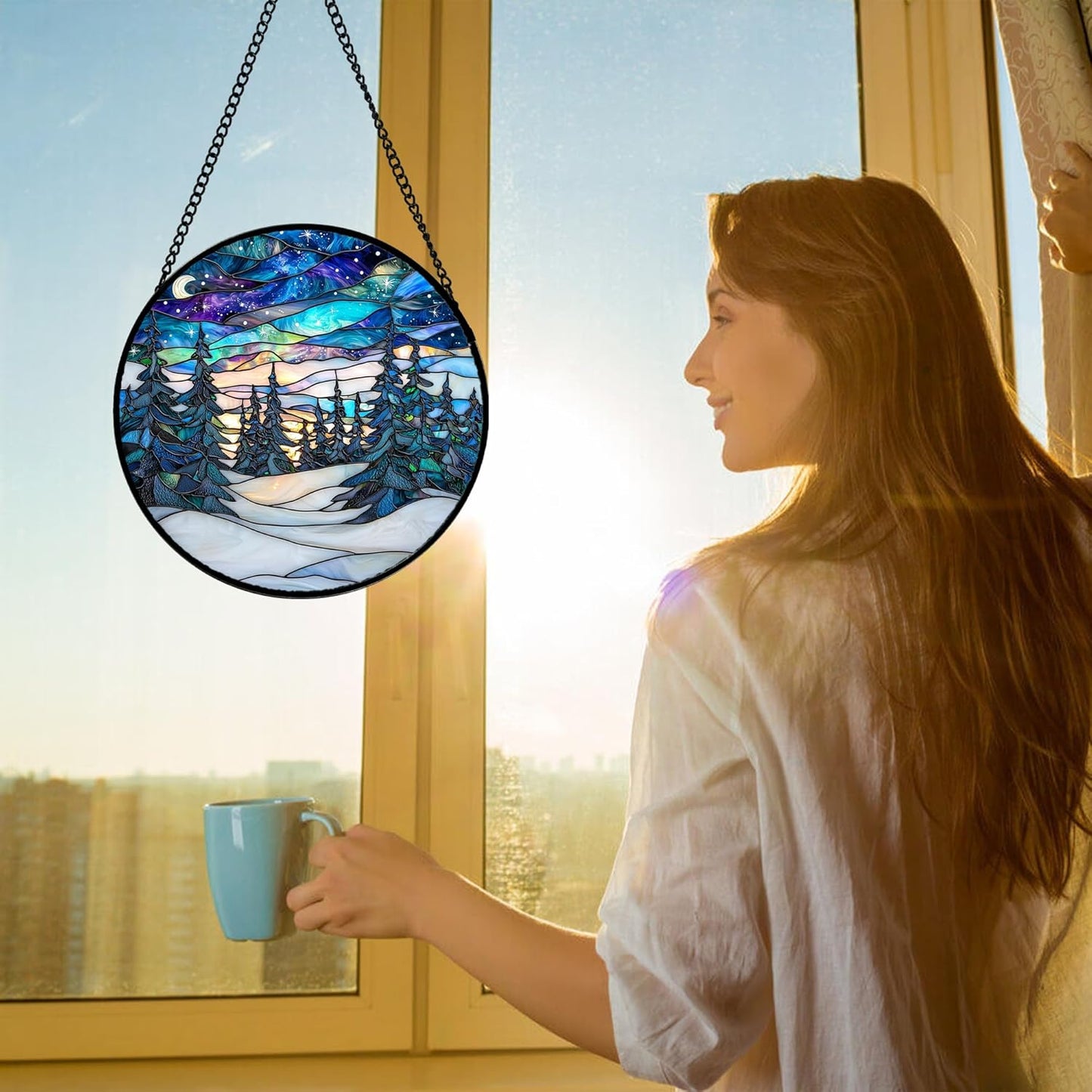 Stained Glass Window Hanging, Starry Sky Trees and Snow Sun Catchers Glass Panel Blue Suncatcher Decor for Birthday for Women, Men, Wife, Aunt, and Mom 9.8 in
