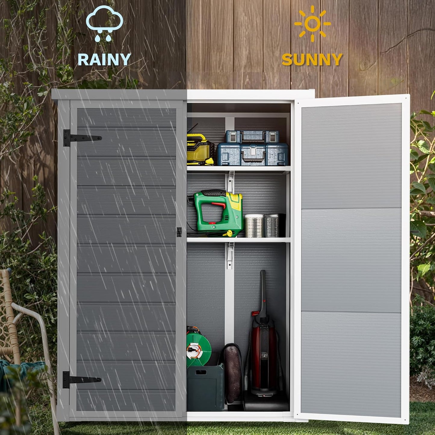 DWVO Outdoor Vertical Storage Shed with 2 Shelves, 49 Cu Ft Waterproof Resin Garden Shed with Floor & Lockable Door, Plastic Tall Tool Cabinet for Garbage Cans, Lawn Equipment, Garden Supplies (Gray)