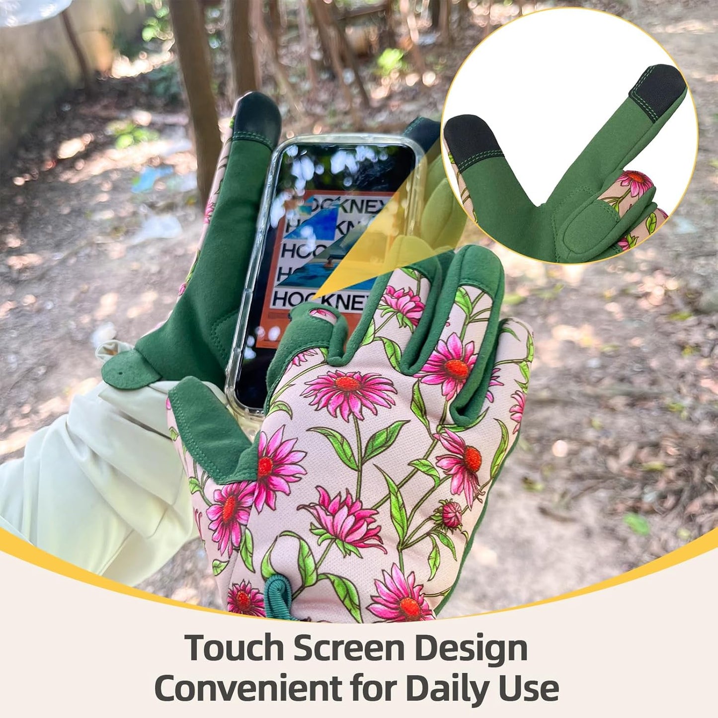 Gardening Gloves for Women, Garden Gloves with Touch Screen, Thorn Proof Puncture Resistant Working Gloves, Gardening Gifts for Women (Green with Pink Flowers, Medium)