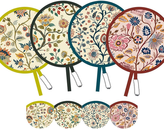 4 Pack Mughal Blooms Foldable Hand Fans, Pocket-Sized Round Fans for Travel, Events, Indoor & Outdoor (Mughal Blooms)