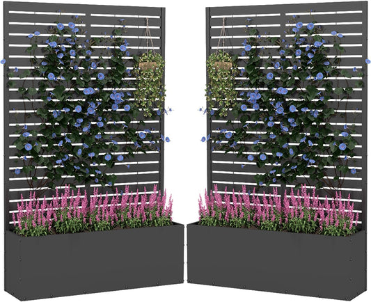2PCS Metal Planter Box with Trellis,70.9"x47.2"x15.7" Raised Garden Bed with Drainage Holes, Privacy Planters for Outdoor, Garden Bed for Climbing Plants,Vegetables,and Vines, Black-louvered