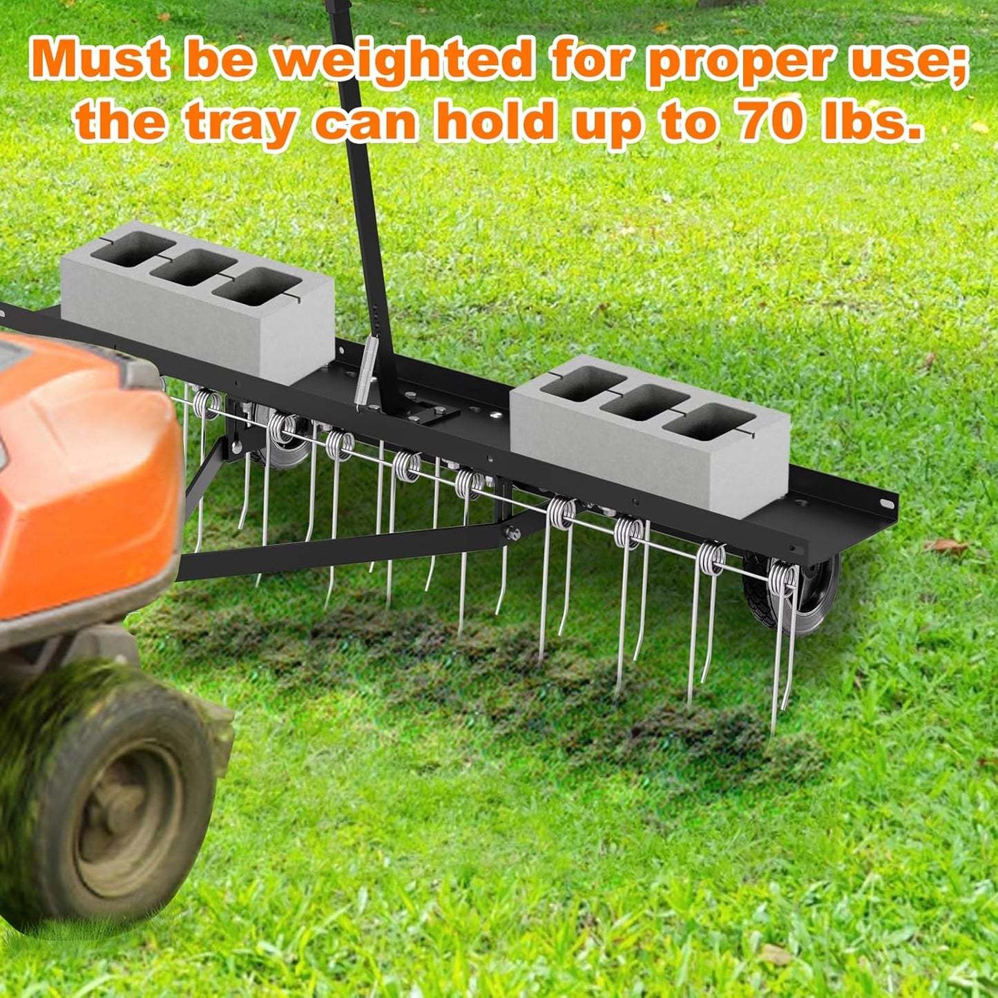 48" Tow Behind Lawn Dethatcher, Pull Behind Rake with 24 Rust-Proof Tines and Heavy Tires, Lawn Tractor Rake with Lift Handle, Black Tow Behind Rakes to Remove Thatch, Leaves from Large Lawn Area
