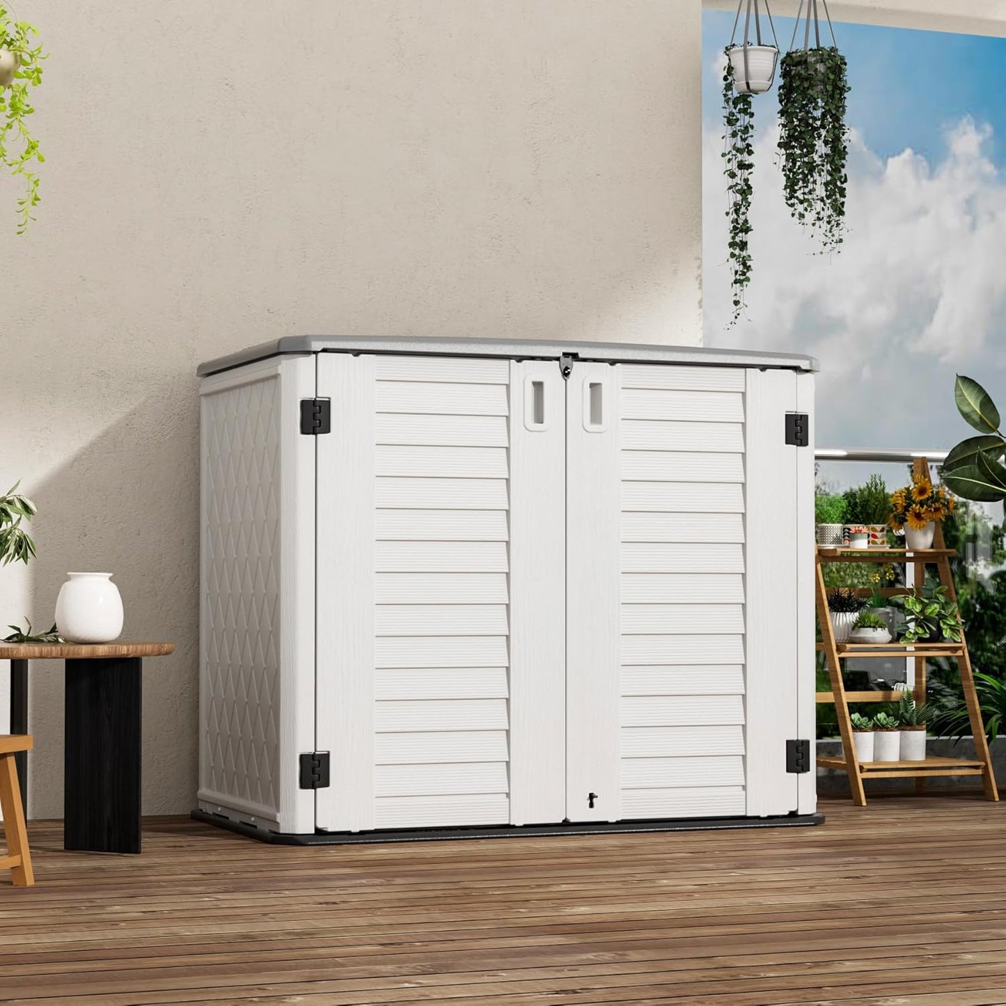 Outdoor Patio Storage Shed,Waterproof Horizontal Outdoor Storage Cabinet for Garbage Cans,Tools and Lawnmower Lockable(34 Cu.ft-Warm-White)