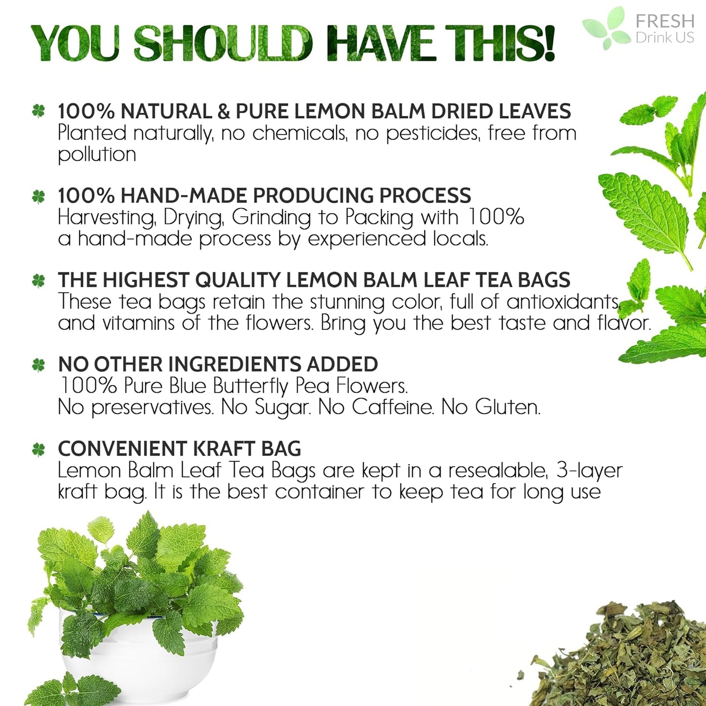 FreshDrinkUS, Premium 120 Lemon Balm Leaf Tea Bags, 100% Natural & Pure from Lemon Balm Leaves. Loose Leaf Lemon Balm Herbal Tea. Lemon Balm Leaf Tea. No Sugar, No Caffeine, No Gluten, Vegan. Lemon Balm Tea