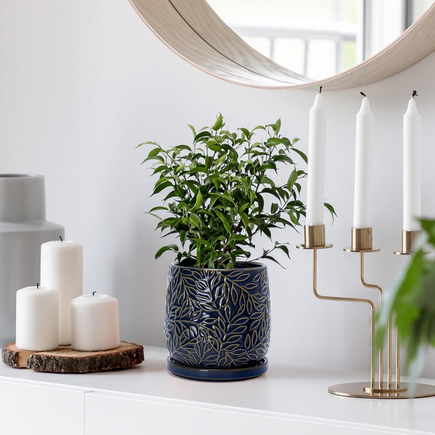 D'vine Dev 5 Inch Embossed Leaves Stoneware Planter Pot with Drainage Hole and Saucer, Midnight Blue, Set of 2, 27-F-V-3