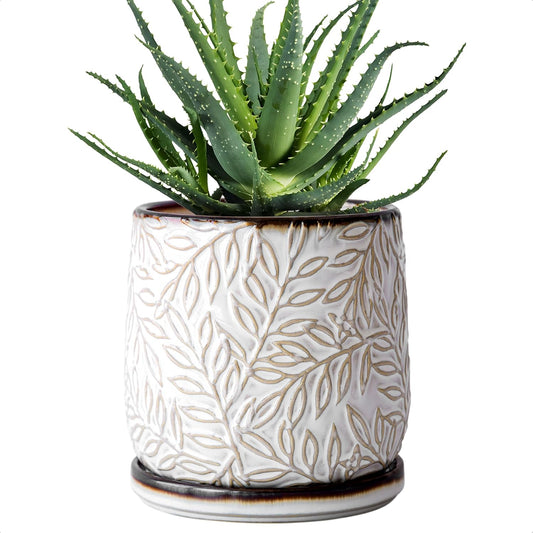 D'vine Dev 6 Inch Embossed Leaves Stoneware Planter Pot with Drainage Hole and Saucer, Smoked White, Set of 1, 27-A-X-1