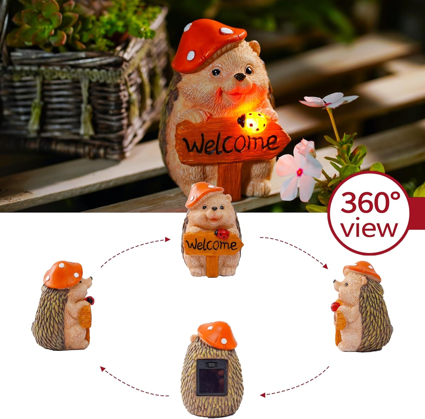 Garden Hedgehog Welcome Sign Statue with Mushroom Hat, Solar LED Ladybug Light, Outdoor Decorative Figurine, Housewarming Gift for Patio,Yard,Lawn Ornament