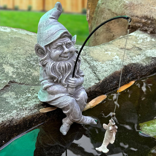 Fishing Gnomes Decoration for Yard Outdoor Garden Decor 9.7 Inch Tall Gnome Statue for Koi Pond, Waterfalls or Poolside Ornaments, Fisher Guy Outdoor Statues, Gift for Mom & Women