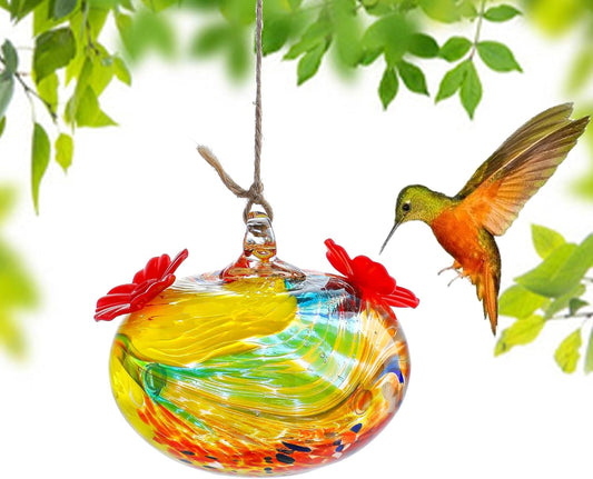 Hand Blown Glass Hummingbird Feeders for Outdoors with 2 Feeding Ports Leak Proof Small Glass Humming Bird Feeder for Window Garden Patio Decoration
