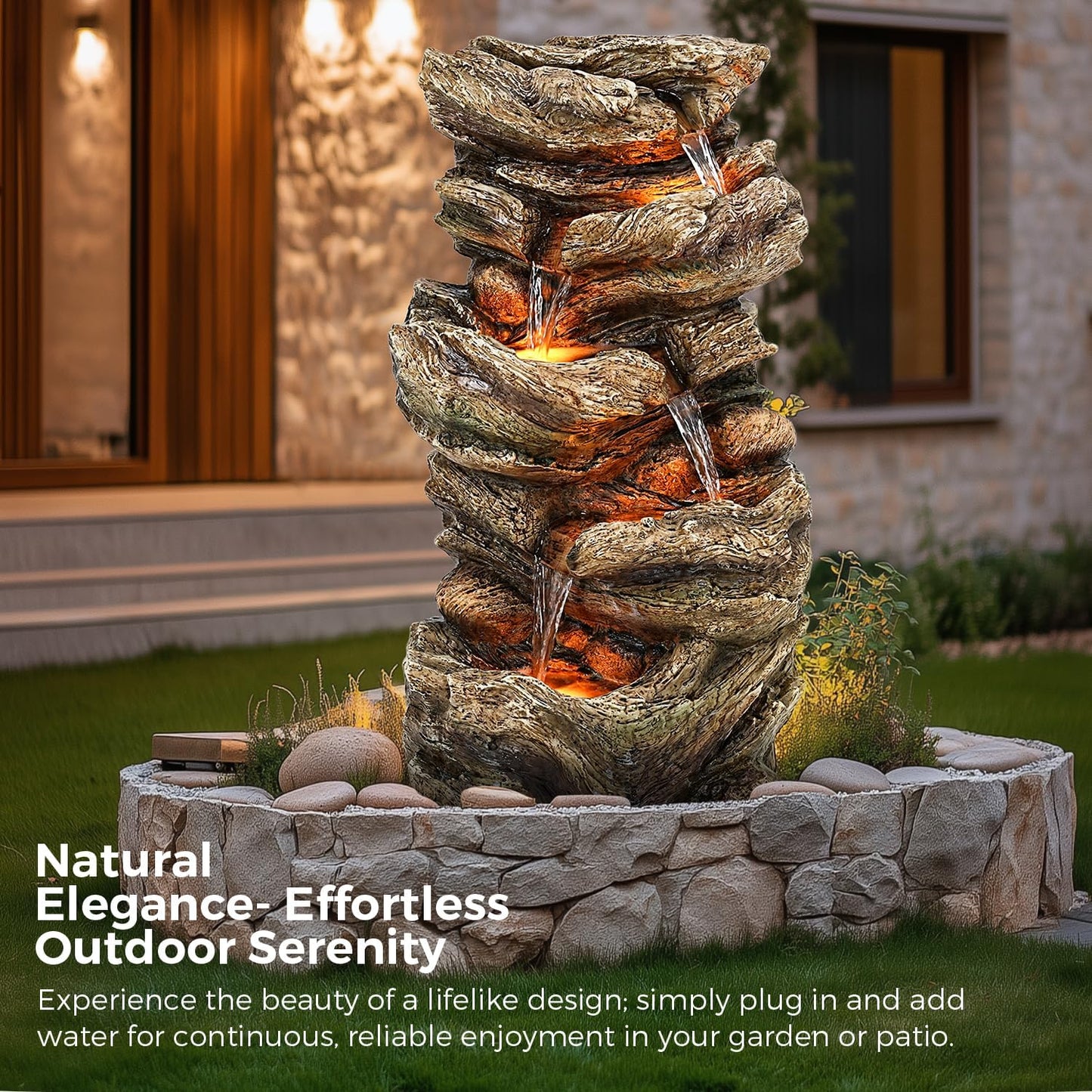 32" High Outdoor Water Fountain, 5-Tiers Cascading Rock Waterfall with LED Lights for Garden, Patio, Yard Decor, Soothing Tranquility for Any Outdoor Living Space