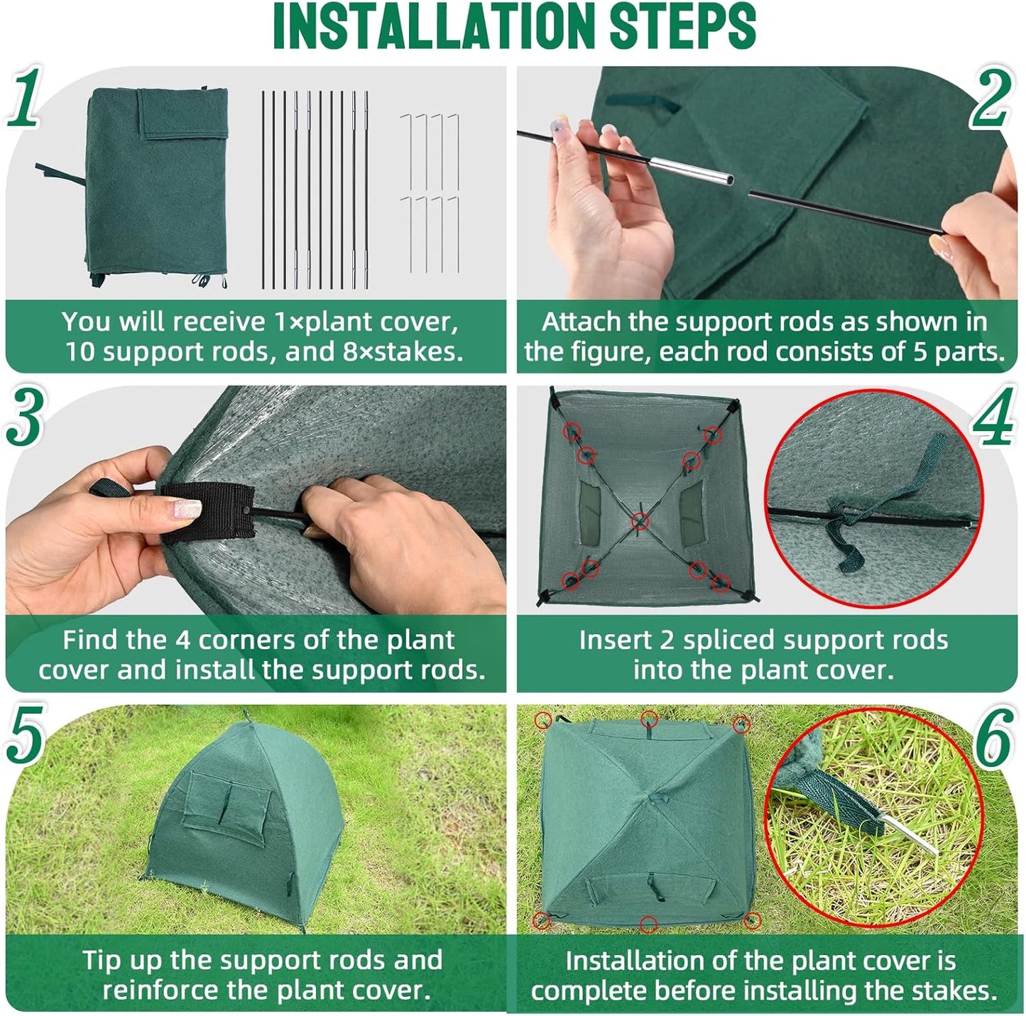 2 Packs Plant Cover Freeze Protection Blanket, 22''x22''x22'' Outdoor Garden Fabric Cover with Poles and Stakes for Winter Frost, Shade Cloth Plant Guard for Shrubs, Small Trees, Green