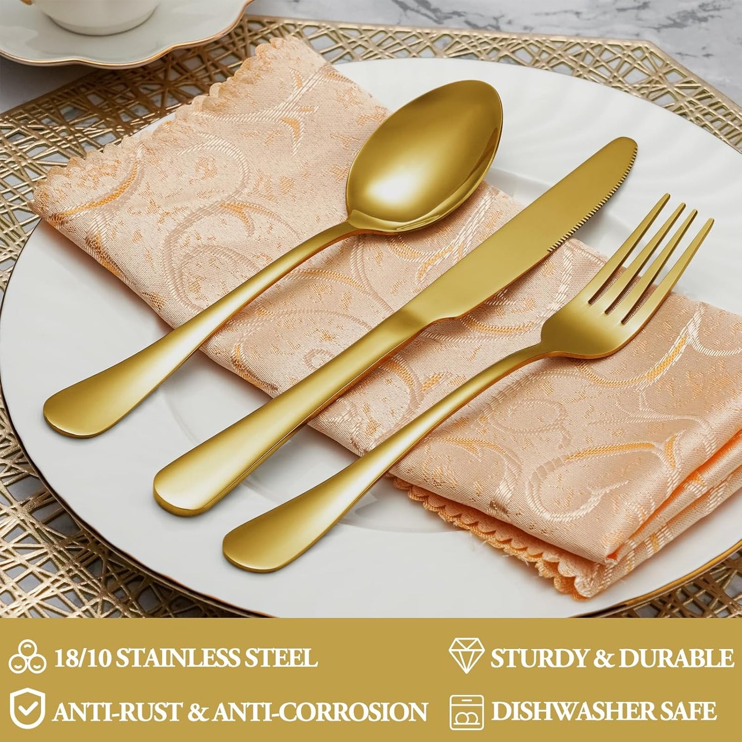 16-Piece Gold Dinner Fork Set, Stainless Steel Silverware, Mirror Polished, Dishwasher Safe - 8 Inch