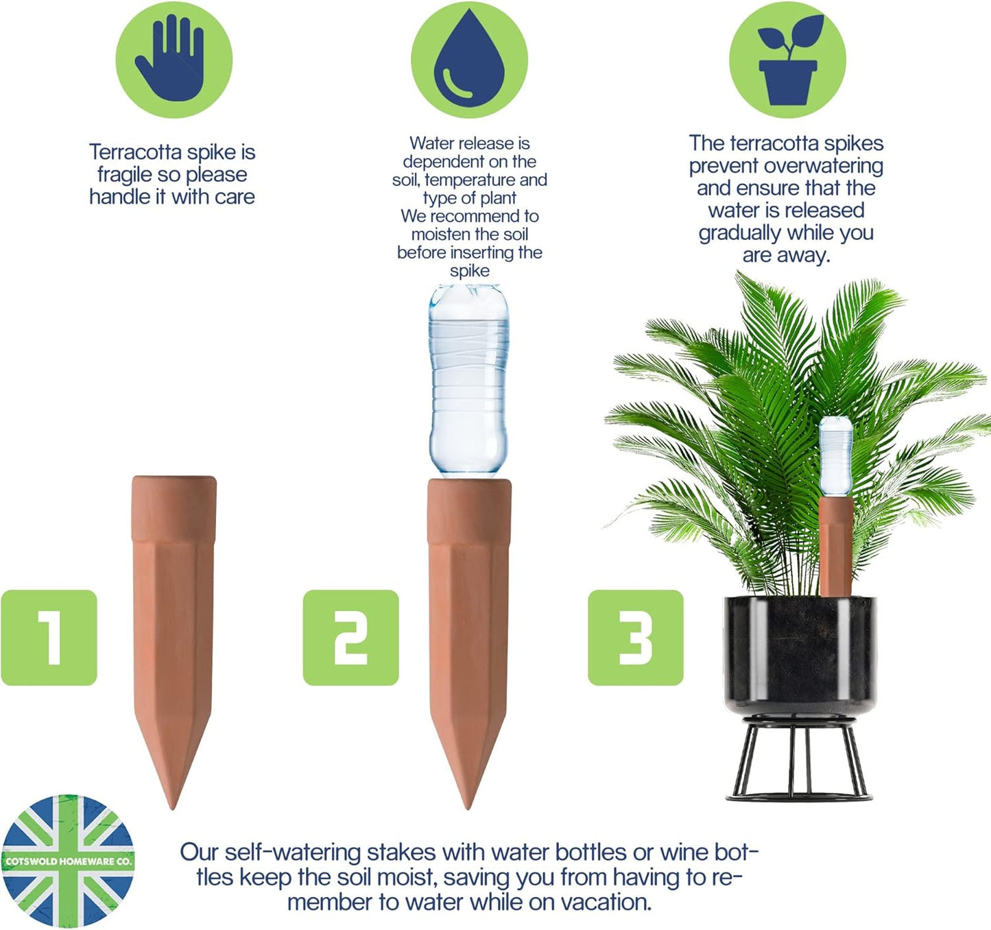 8 Pcs Plant Watering Devices - FREE Moisture + PH Sensor - Plant Waterer Self Watering Terracotta Spikes - Self Watering Planter Insert - Water Your Indoor and Outdoor Plants While On Vacation