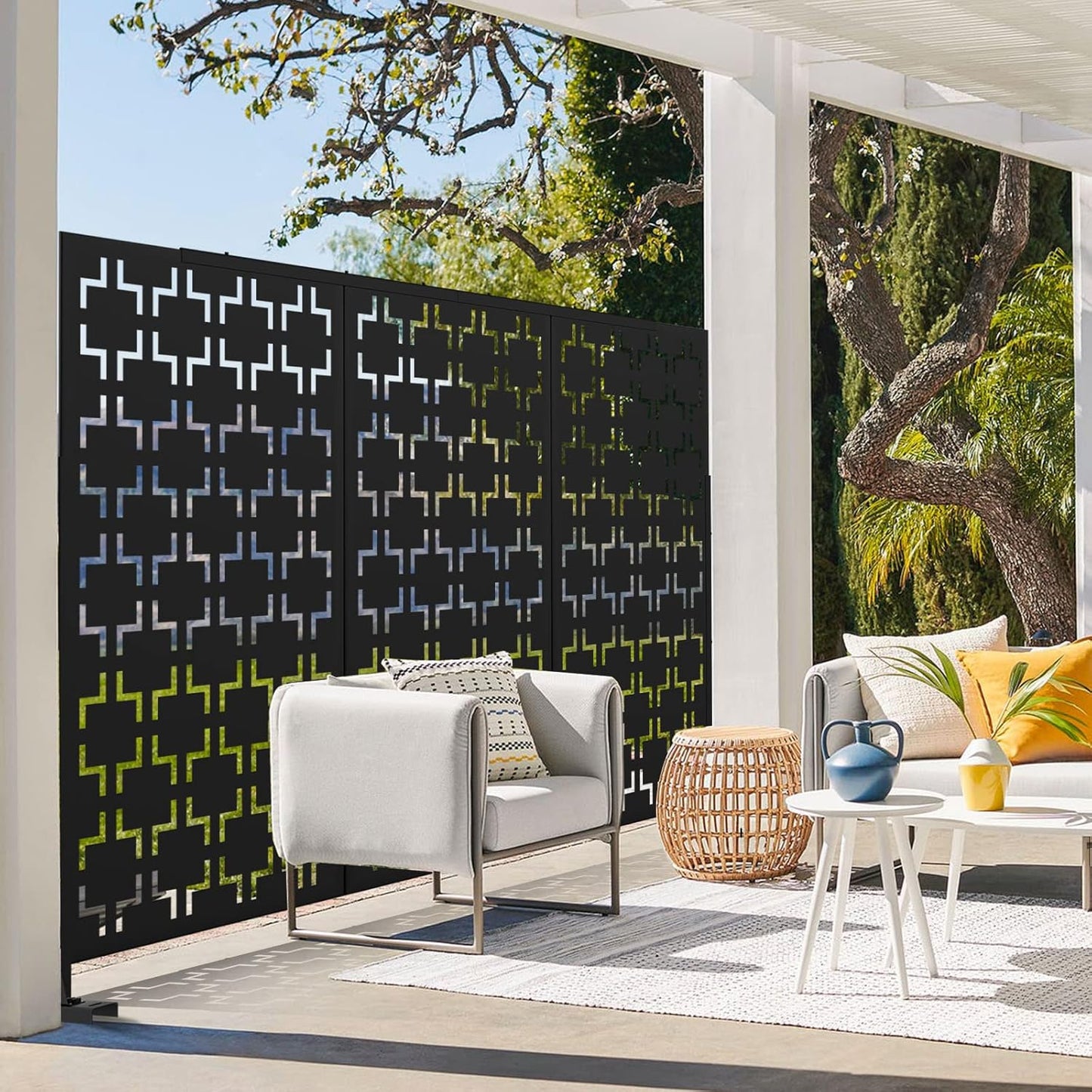 Metal Privacy Screen Outdoor 72" H×47" W,Freestanding Decorative Privacy Screen for Balcony Yard&Garden,Privacy Fence-Black&Square