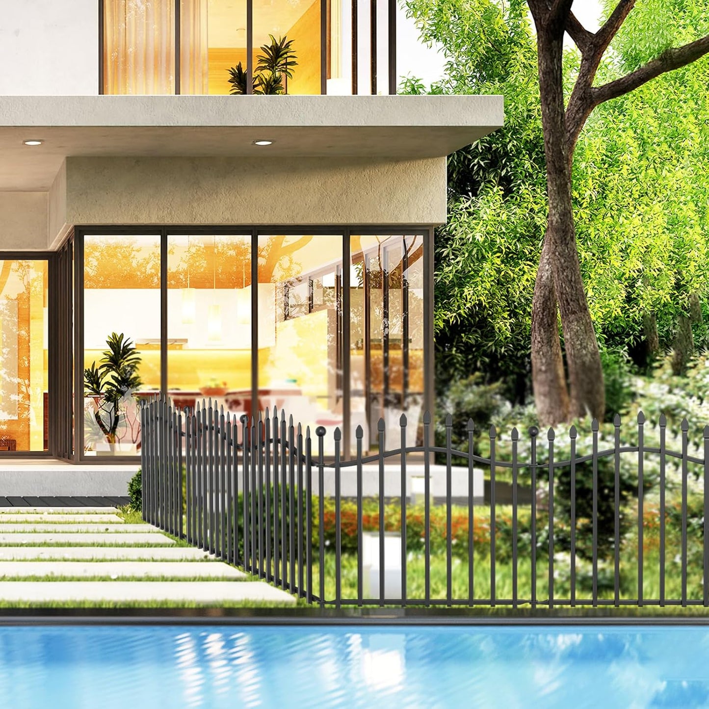 No-Dig Garden Decorative Fence with Gate - 5 Panels 24in H x 11.25ft L, Heavy-Duty Rust-Resistant Metal Dog Fence with Arched Design for Yard, Patio, and Flower Beds - Ideal for Pets and Landscaping