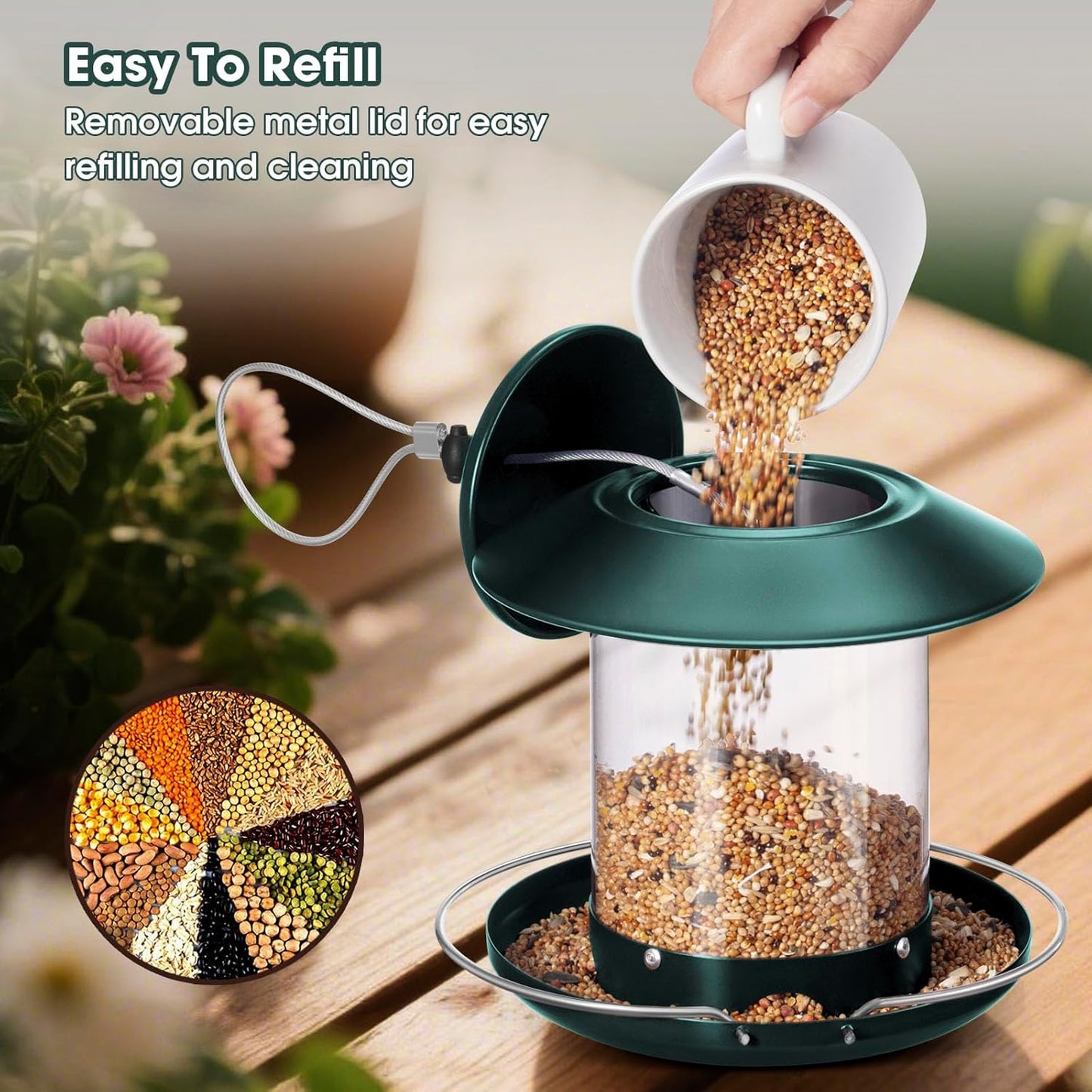 Metal Roof Bird Feeder, Hanging Bird Feeders for Outdoors with 2LB Clear Tube Seed Capacity for Viewing Cardinal Finch, 360° Feeding Wild BirdFeeders for Outside Garden Yard Decoration