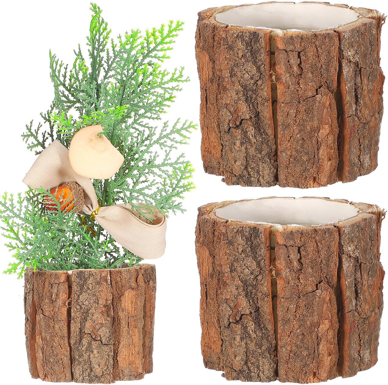 Housoutil 3PCS Wooden Bark Flower Pots, Rustic Farmhouse Planters, Light Brown Log Plant Containers, 3.54x3.54x3.14 Inch, Ideal for Succulents, Cacti, Home and Garden Decor, Weddings, and Holidays
