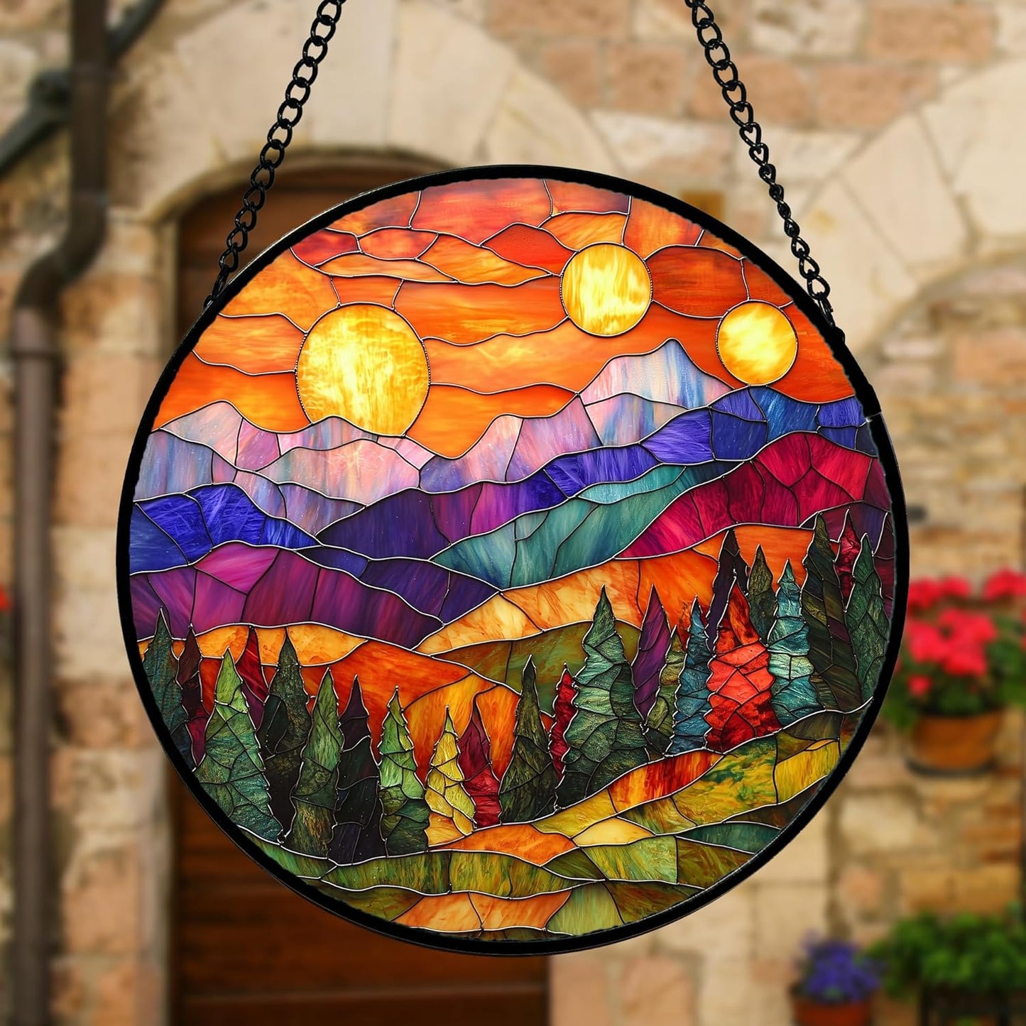 Stained Glass Window Hanging, Sunset Abstract Sun Catchers Colorful Glass Panel Landscape Suncatcher Decor for Birthday for Women, Men, Wife, Aunt, and Mom 6.3 in