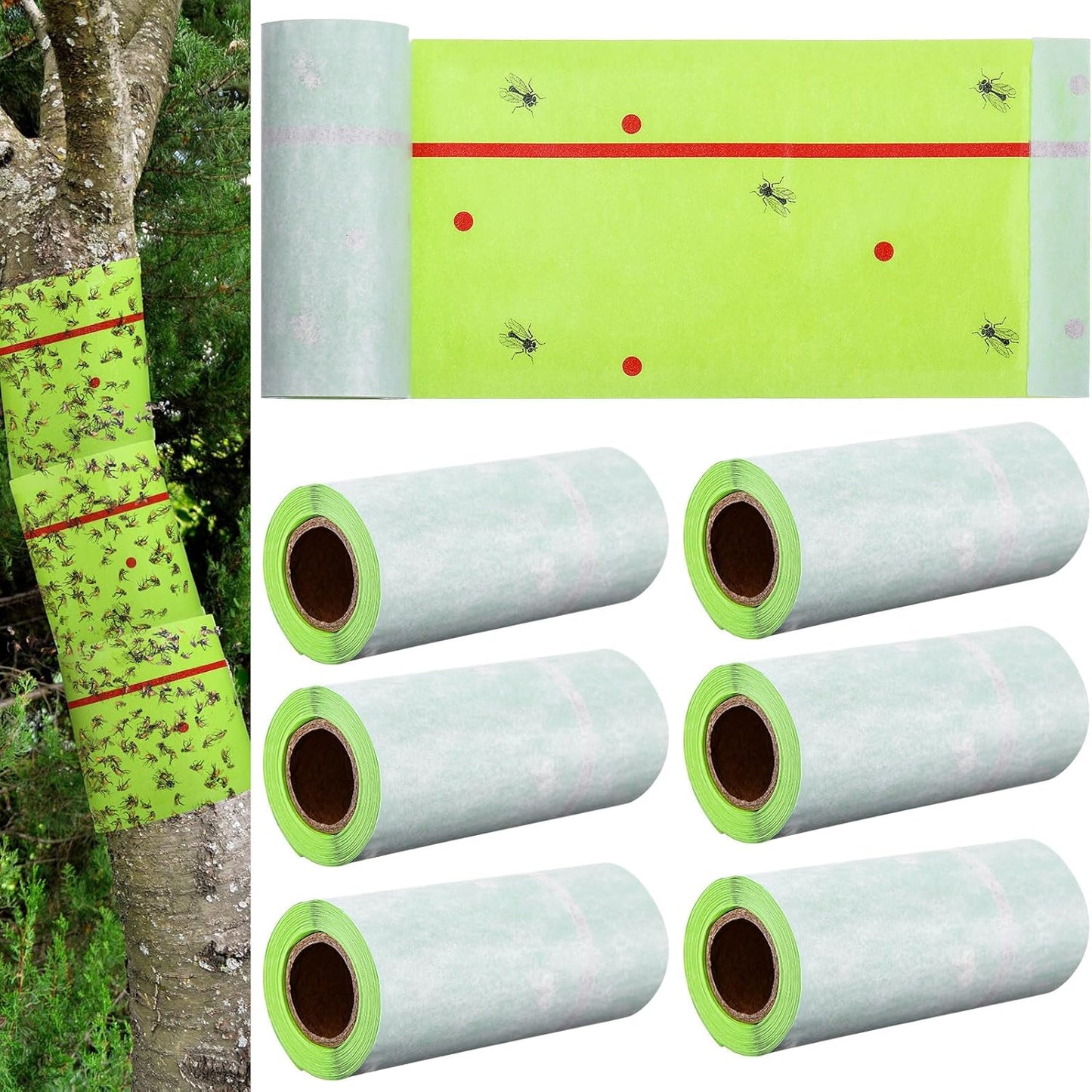 Qualirey 6 Rolls Spotted Lantern Fly Traps 30 Feet Each Roll Fly Tree Trap Sticky Strips Outdoor Fruit Glue Strips Disposable Tape Indoor Paper Sheets for Protecting Trees(Green)