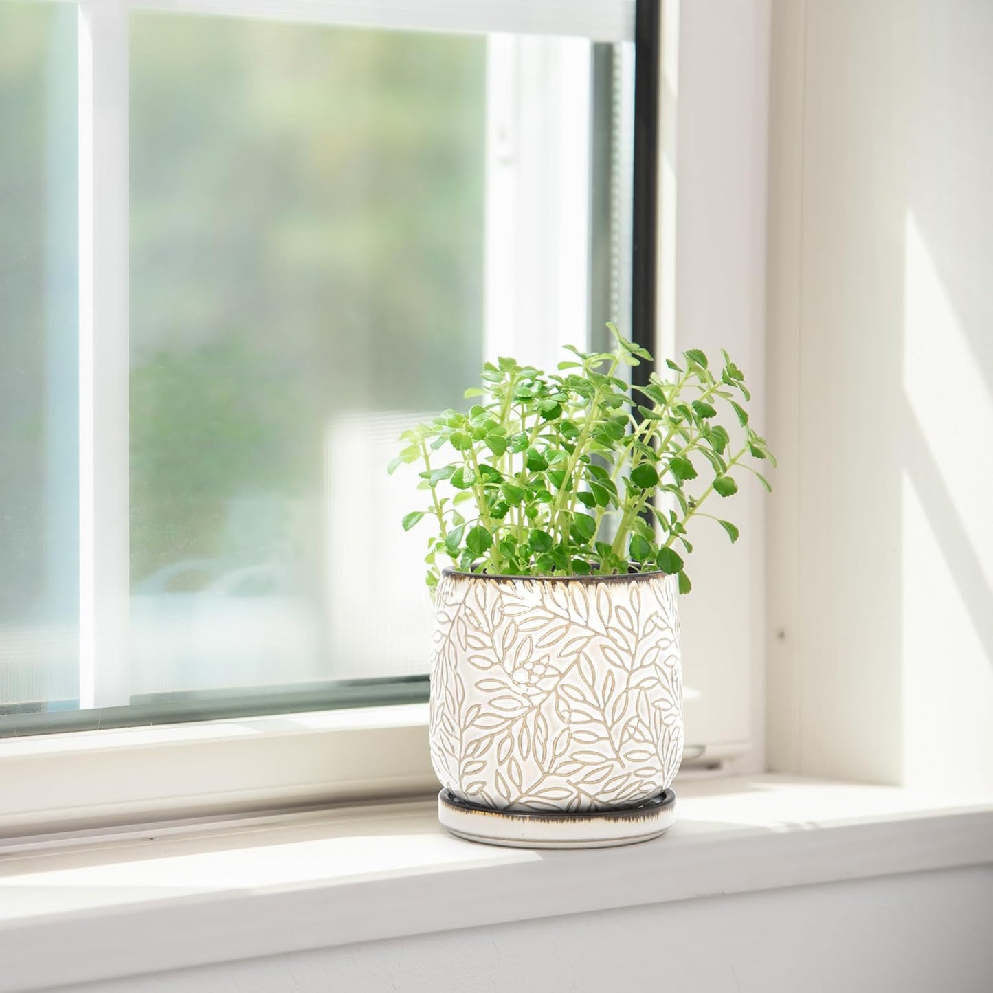 D'vine Dev 4 Inch Embossed Leaves Stoneware Planter Pot with Drainage Hole and Saucer, Smoked White, Set of 2, 27-F-Z-1