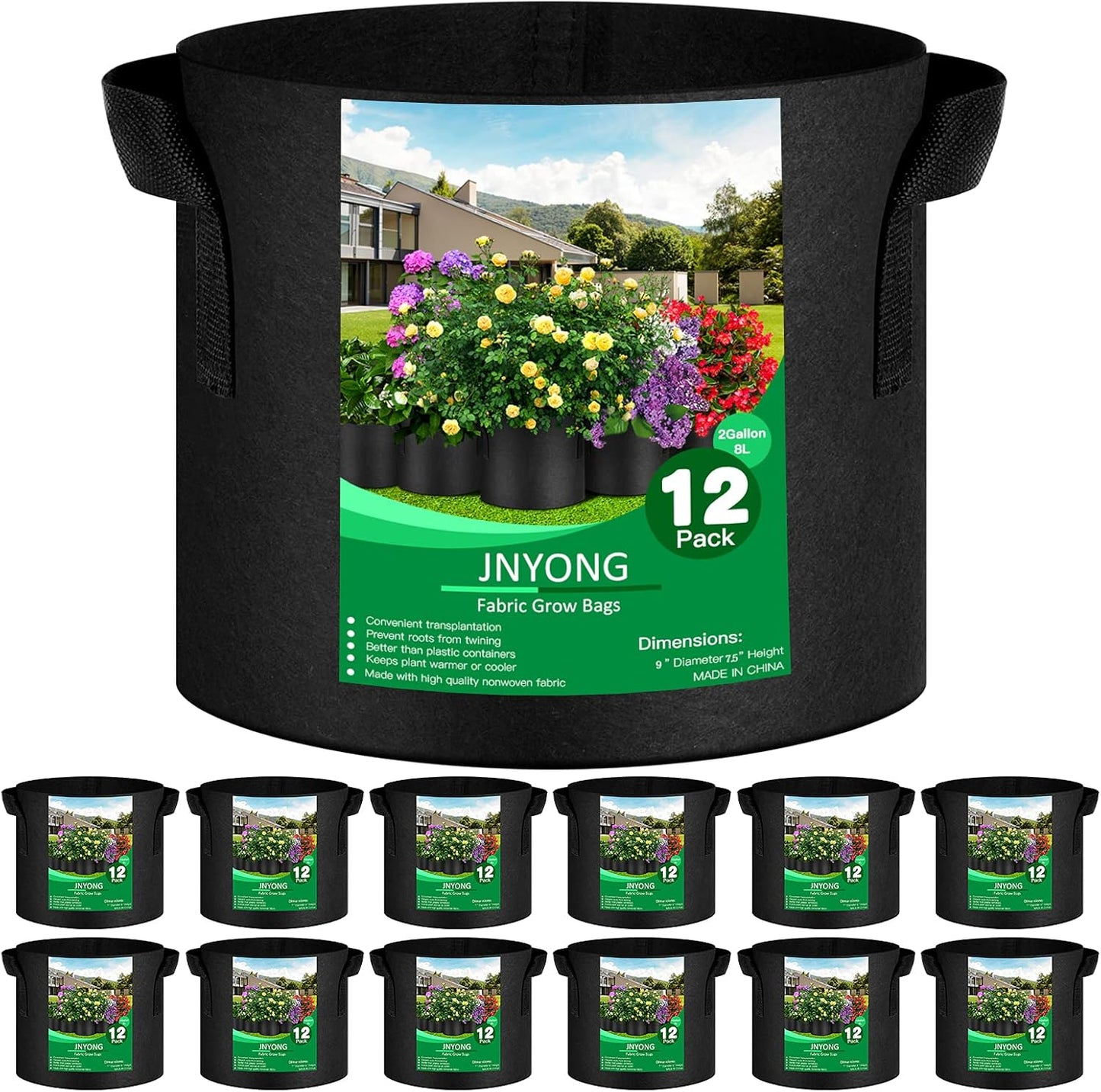 12-Pack 2 Gallon Thickened Non-Woven Grow Bags, Aeration Fabric Pots with Handles