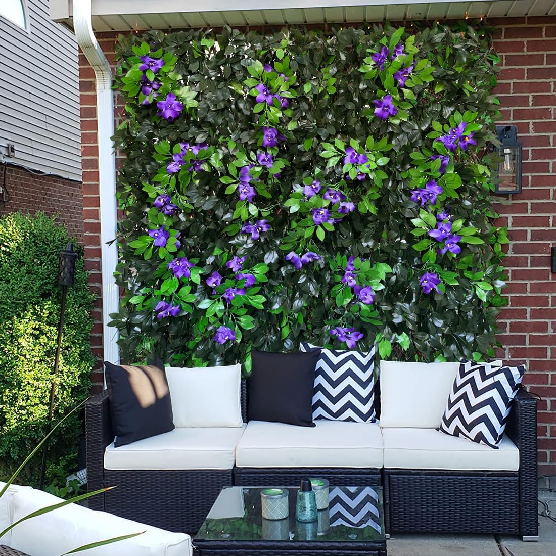 Expandable Fence Privacy Screen for Balcony Patio Outdoor,Decorative Faux Ivy Fencing Panel,Artificial Hedges (Single Sided Leaves) (4, Branches -Purple Fowers)