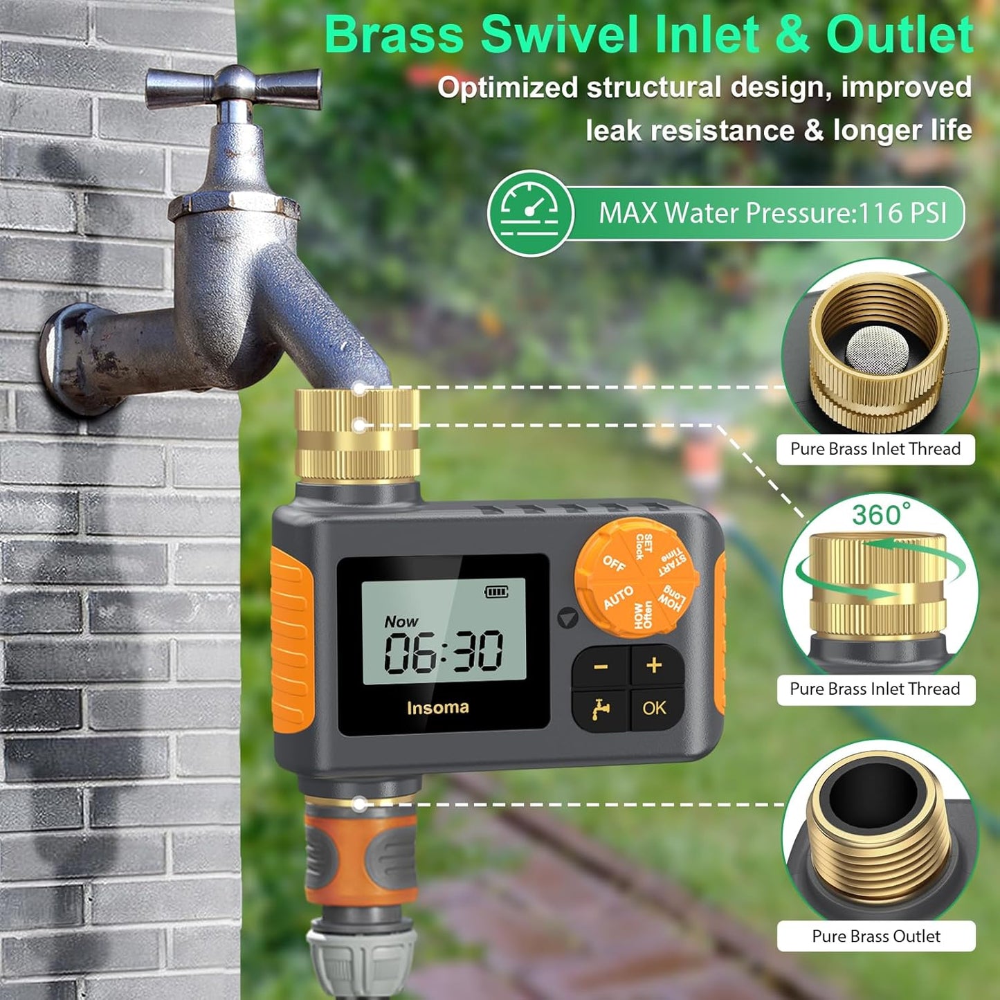 Digital Water Timer 1 Zone Brass Inlet & Outlet, Programmable Water Timer for Garden Hose, Automatic Control | Manual ON/Off | Rain Delay for Outdoor Faucet, Drip Irrigation and Lawn Watering System