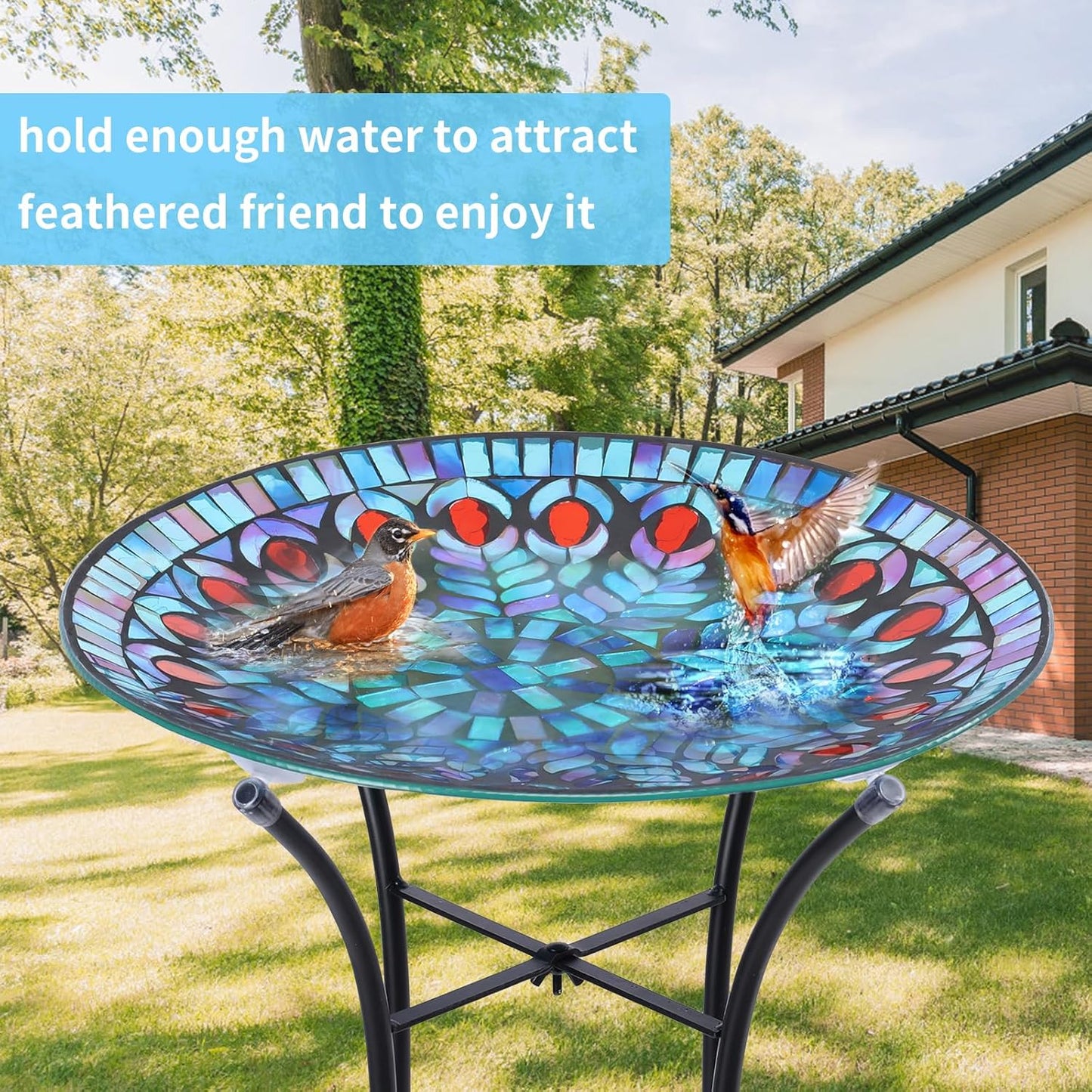 MUMTOP Mosaic Glass Bird Baths, 14 Inch Width Outdoor Garden Peacock Bird Bath Bowl with Metal Stand, Unique Glass Birdbaths Bird Feeder for Yard Decor, 19.68 Inch Height