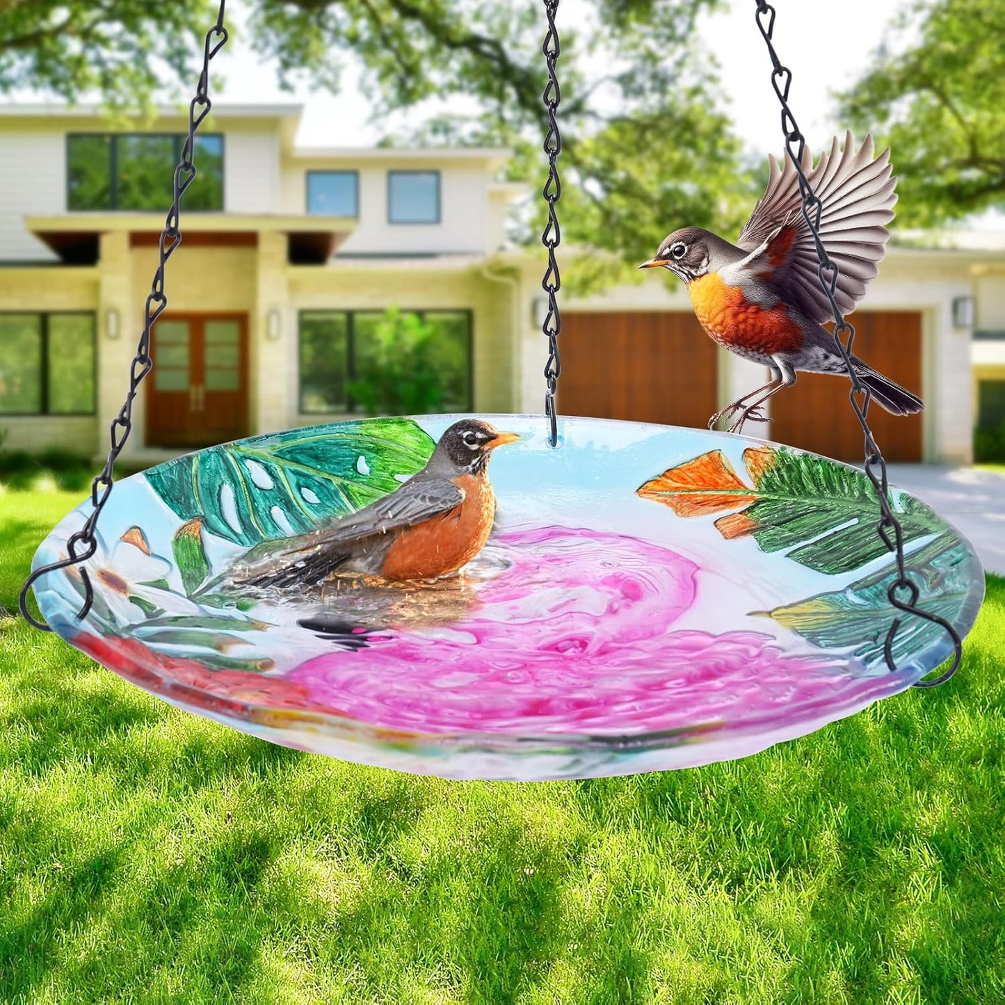 VCUTEKA Glass Hanging Bird Bath for Outdoors, BirdBaths with 21-Inch Rust-Proof Chain, Garden Yard Decor, Flamingo Pattern