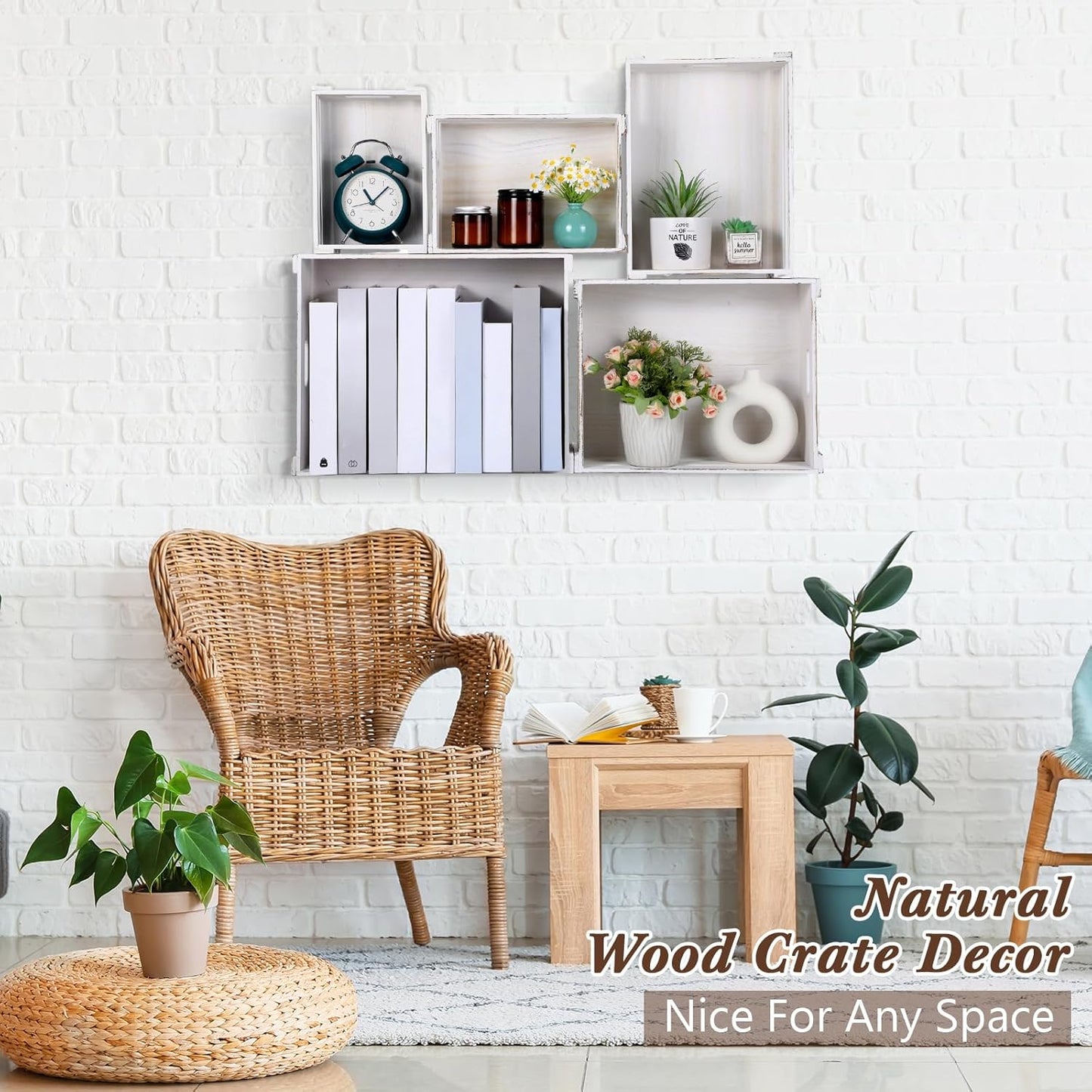 5 Pack Decorative Wood Crates for Display 5 Sizes Rustic Nesting Wooden Crates Vintage Storage Container Boxes with Handles Handmade Decorative Baskets Bin for Farmhouse(Vintage White)