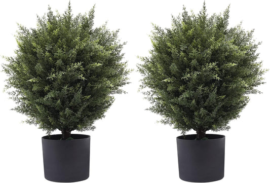 21” Artificial Cedar Outdoor Artificial Shrub Sunlight Resistant Leafy Potted Plant for Indoor Porch of Home and Office Artificial Outdoor Tree 2 Pieces a Set Topiary Trees