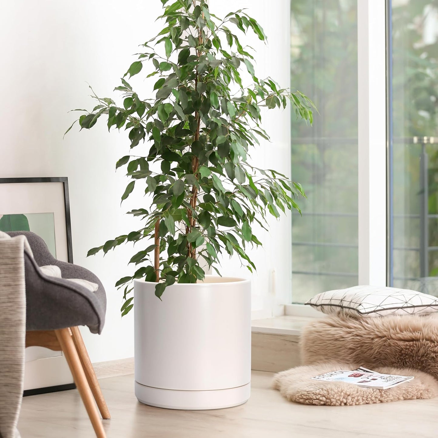 D'vine Dev 10 Inch Ceramic Planter Pot with Drainage Hole and Saucer, Indoor Cylinder Round Planter Pot, Oatmeal, 94-O-E-8