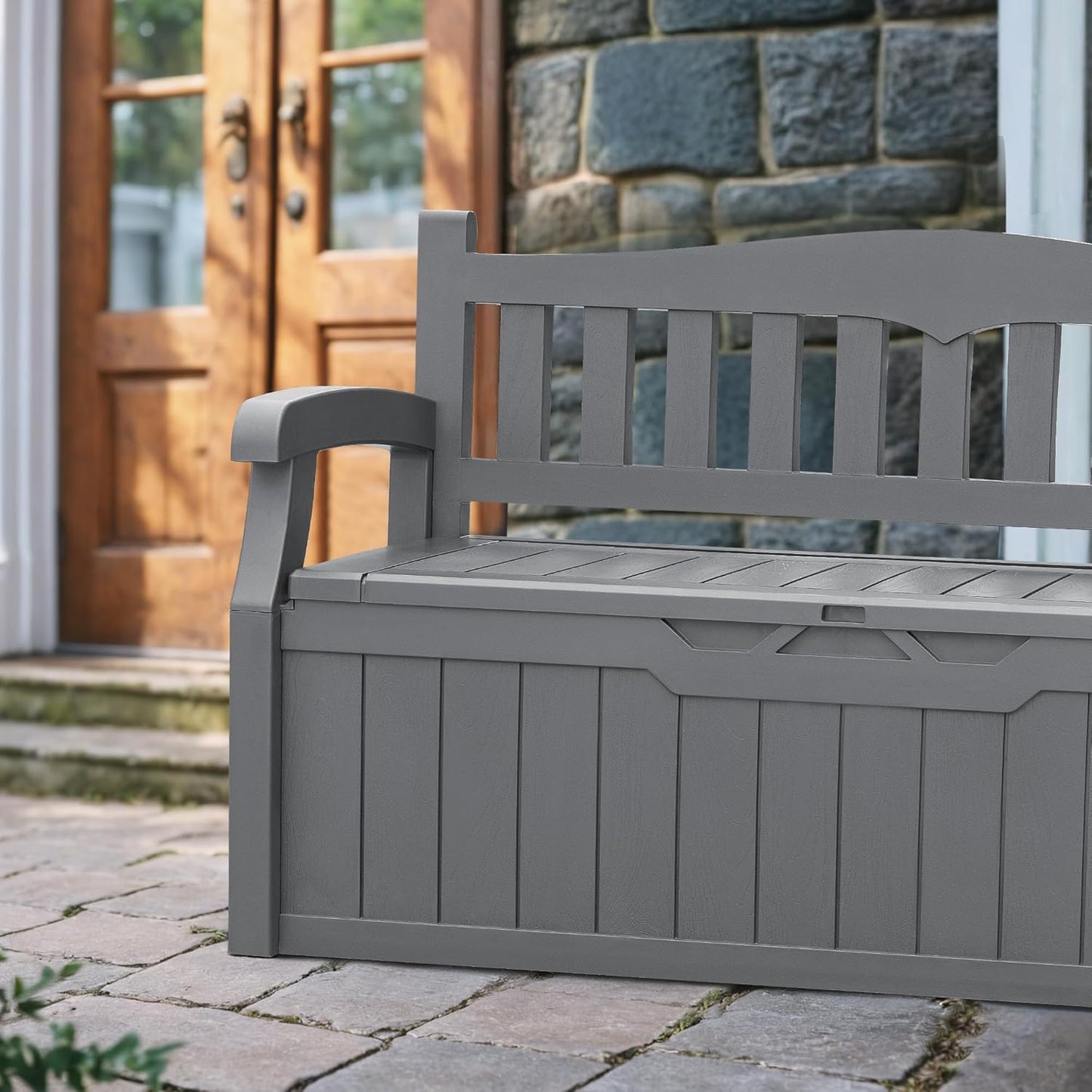 Devoko 80 Gallon Storage Bench Deck Box Lockable for Patio Furniture, Garden Decor and Outdoor Seating for Cushions, Garden Tools and Pool Supplies (Grey)