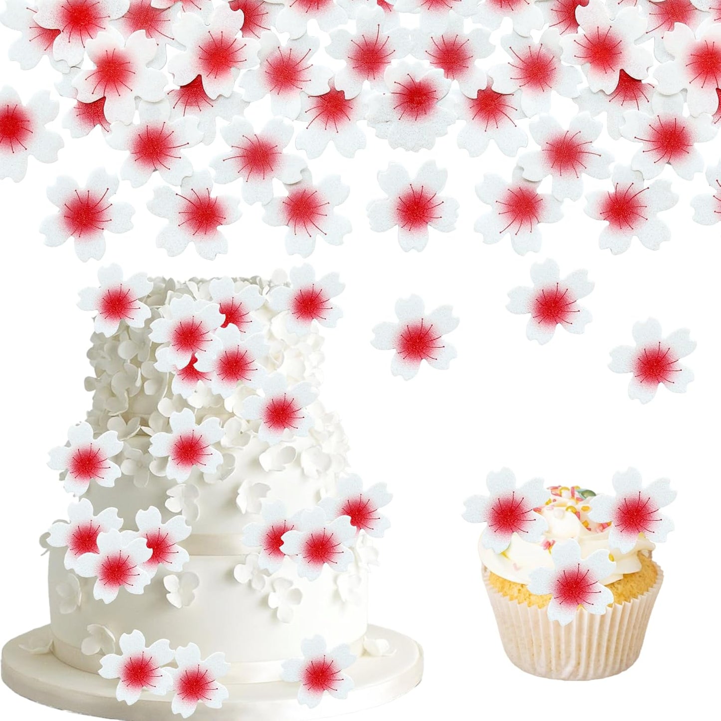 Ephlyn 100Pcs Edible Cherry Blossom Cupcake Toppers Edible Wafer Paper Flowers for Spring Bridal Engagement Baby Shower Birthday Party Cupcake Picks Anniversary Party Decorations Supplies