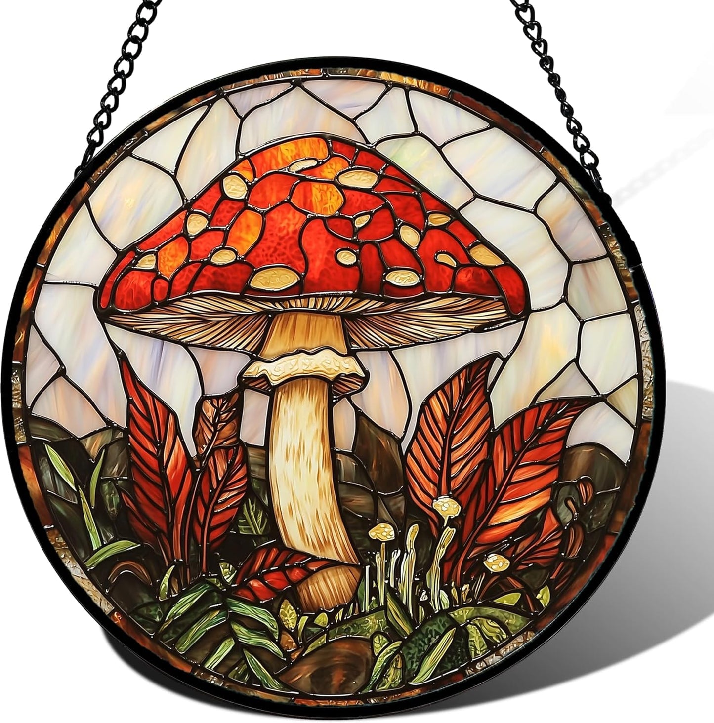 Stained Glass Window Hanging, Big Red Mushroom Suncatcher for Doors Home Sun Catchers Decoration and Christmas, Mother's Day Birthday Gifts for Women, Men, and Mom 14.9x14.9 in