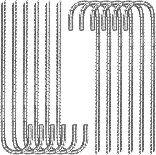 12 Pack 12 Inch Rebar Stakes Heavy Duty J Hook Ground Anchors, Anti Rust Metal Steel Tent Stakes Garden Fence Stakes, Silver