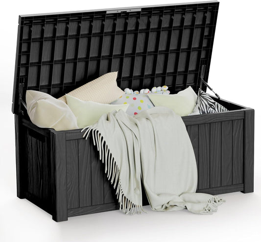 150 Gallon Waterproof Large Resin Deck Box Indoor/Outdoor Lockable Storage Container and Seating for Garden, Pool, and Patio (150 Gallon, Black)