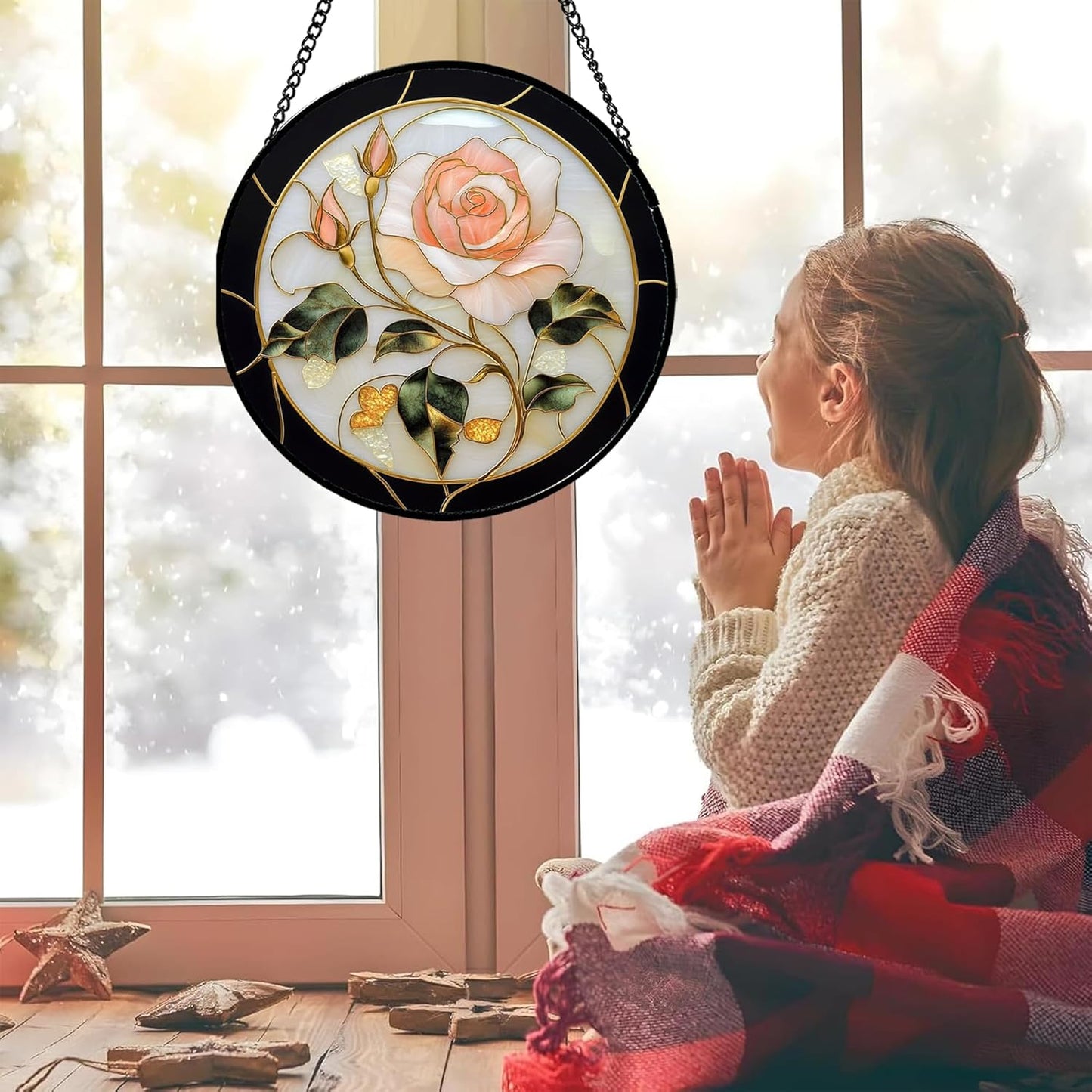Stained Glass Window Hanging - Black White Pink Rose Sun Catcher for Door Home Decor Flower Suncatcher Christmas Mother's Day Birthday Gifts for Women Men Lovers Mom Nana 7.8 in