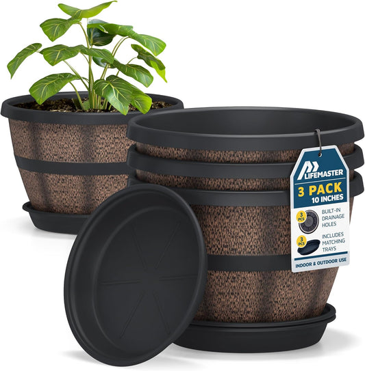10-Inch Whiskey Barrel Planters Outdoor Pack of 3, Plastic Decoration Plant Pots for Indoor & Outdoor Use with Drainage & Saucer, Rustic Garden Planters for Flowers, Small Plants & Herbs