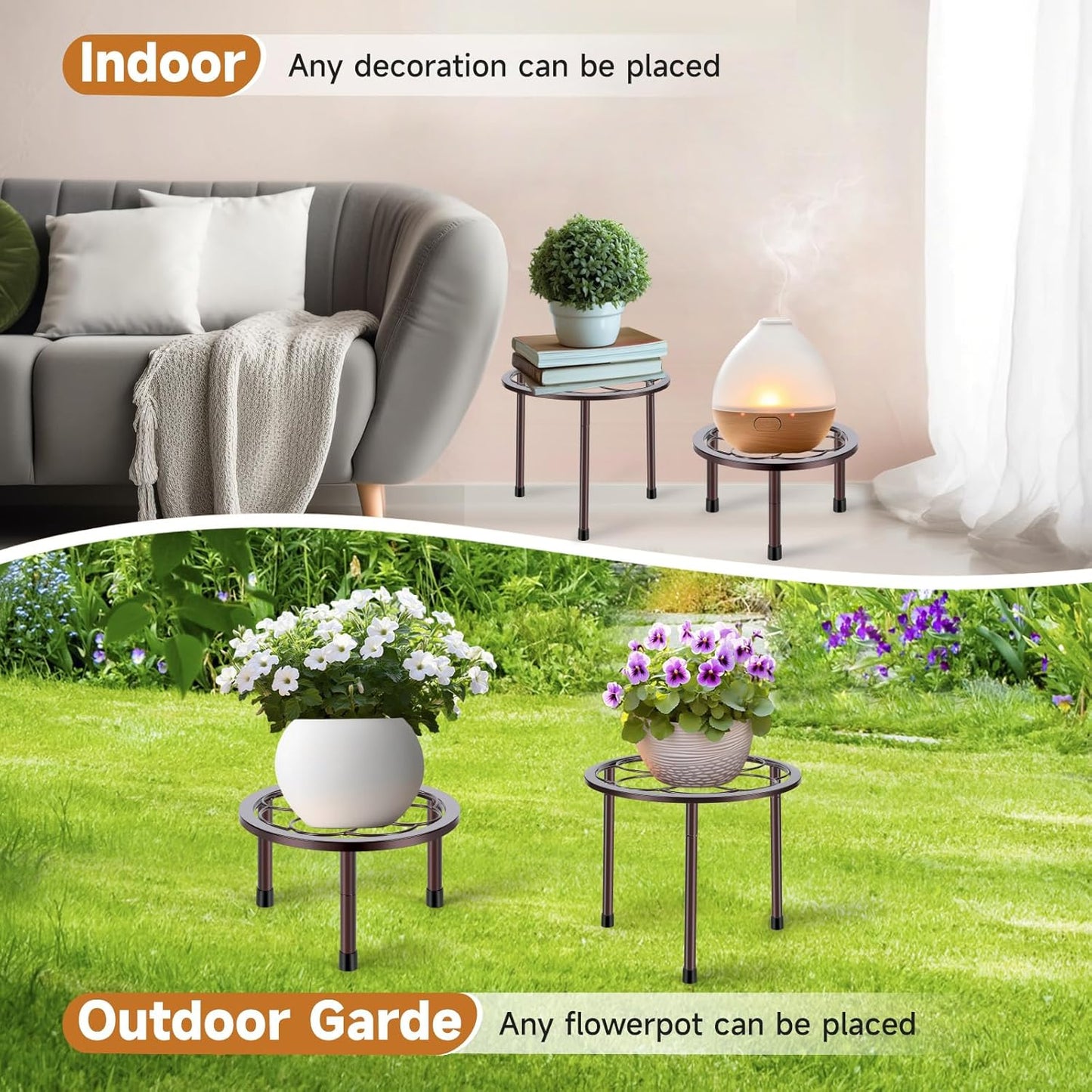 5 Pack Metal Plant Stand, Anti-Rust Iron Plant Stands for Indoor and Outdoor, Heavy Duty Flower Pot Stands for Multiple Plant, Black Potted Plant Holder for Garden Home (5 Pack Brown)