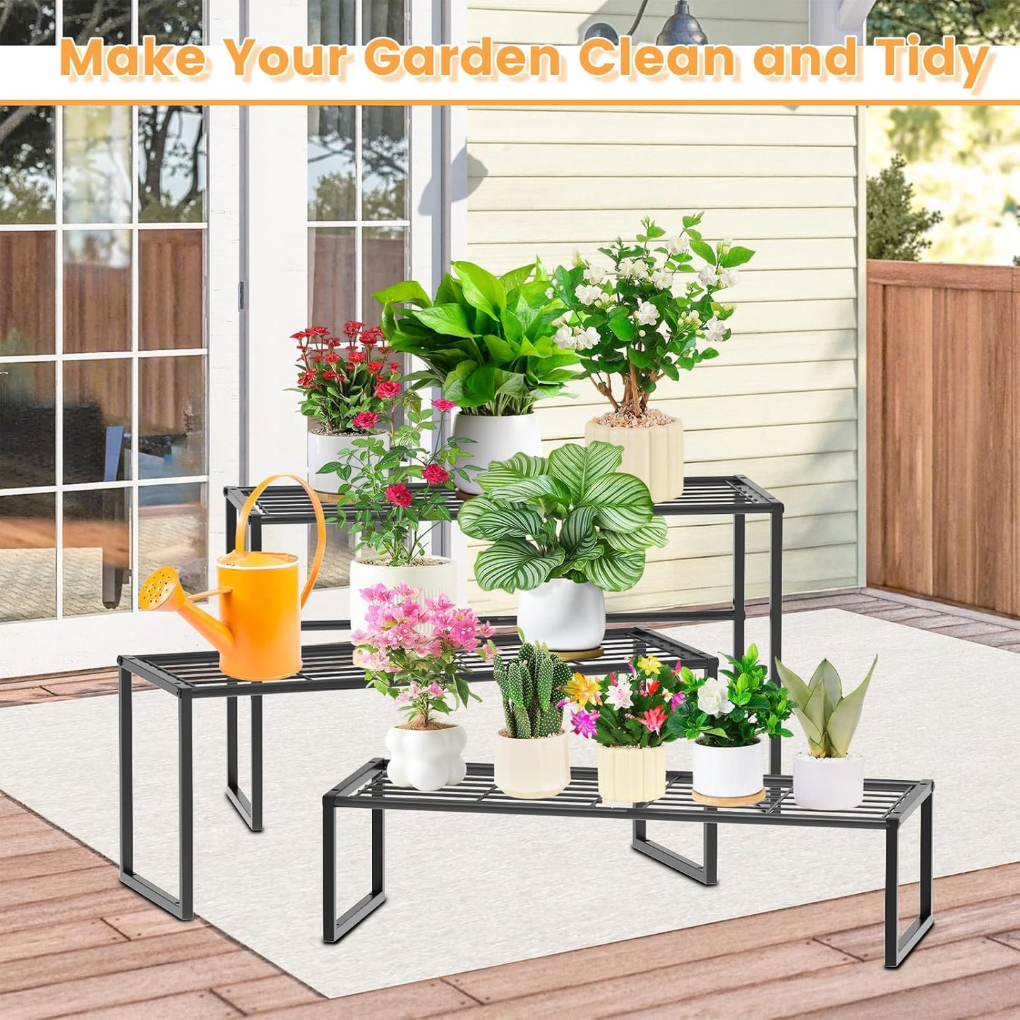 3 Tier Metal Plant Stand Indoor Outdoor, Potted Multiple Flower Pot Holder Rack Plant Shelf, Heavy Duty Planter Display Shelving for Patio Balcony Garden Living Room Decorative (3 Tier- Black)