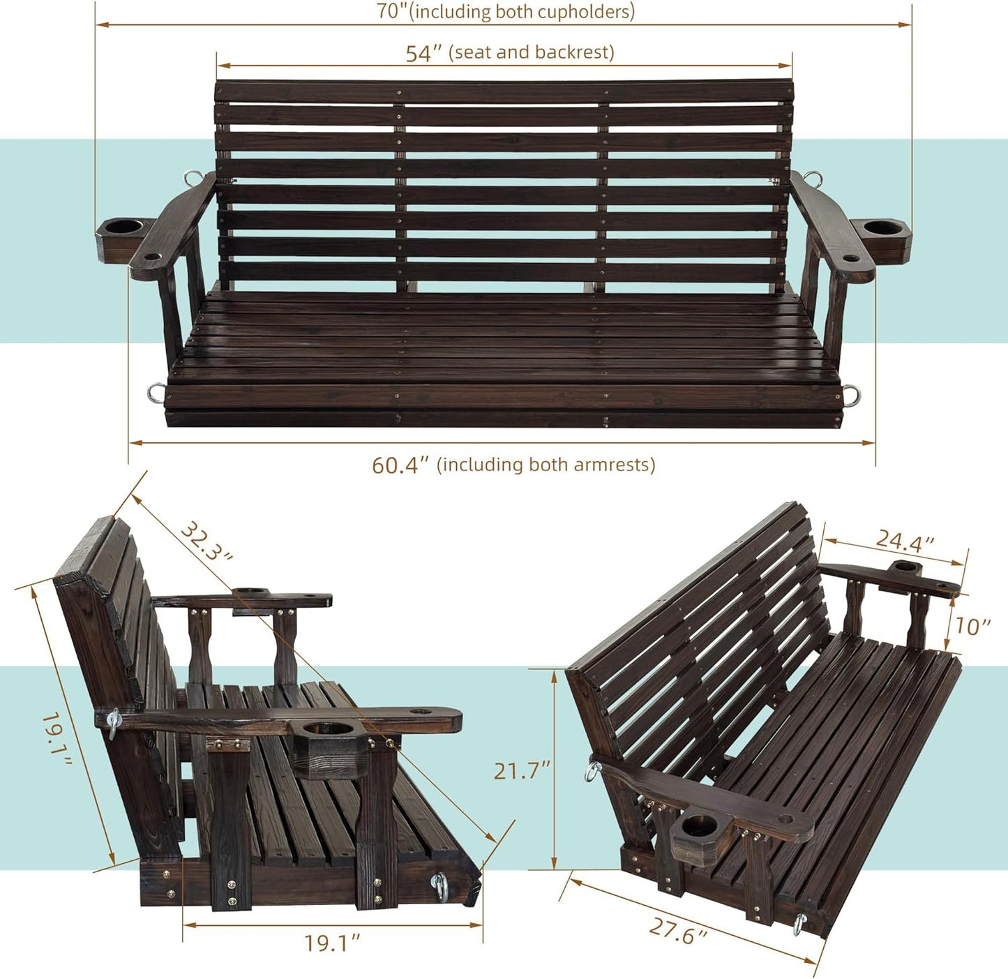 Fortune Candy Wooden Porch Swing 3-Seater, High Backrest and Deep Seat, Bench Swing with Cupholders, Hanging Chains and 7mm Springs, Heavy Duty 880 LBS (Deep Brown, 5 FT Extra Large)