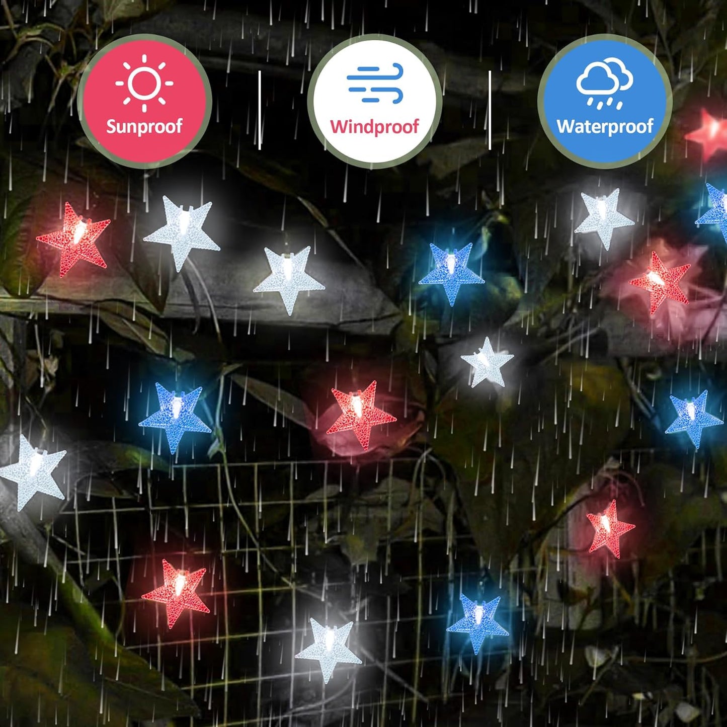 4th of July Twinkle Solar Star String Lights Decorations Outdoor Waterproof Fairy Lights 39FT Red White and Blue 100 LED with 8 Lighting Modes for Independence Day President Day Memorial Day