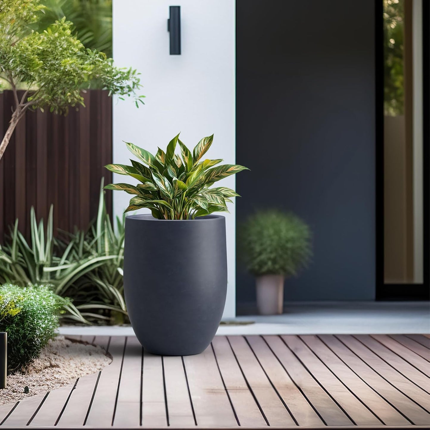 Kante 21.7 Inch Tall Concrete Planter, Large Indoor Outdoor Plant Pot with Drainage, Smooth Charcoal Finish with Warm Brown Interior, Ideal for Porch, Home, Garden, Patio