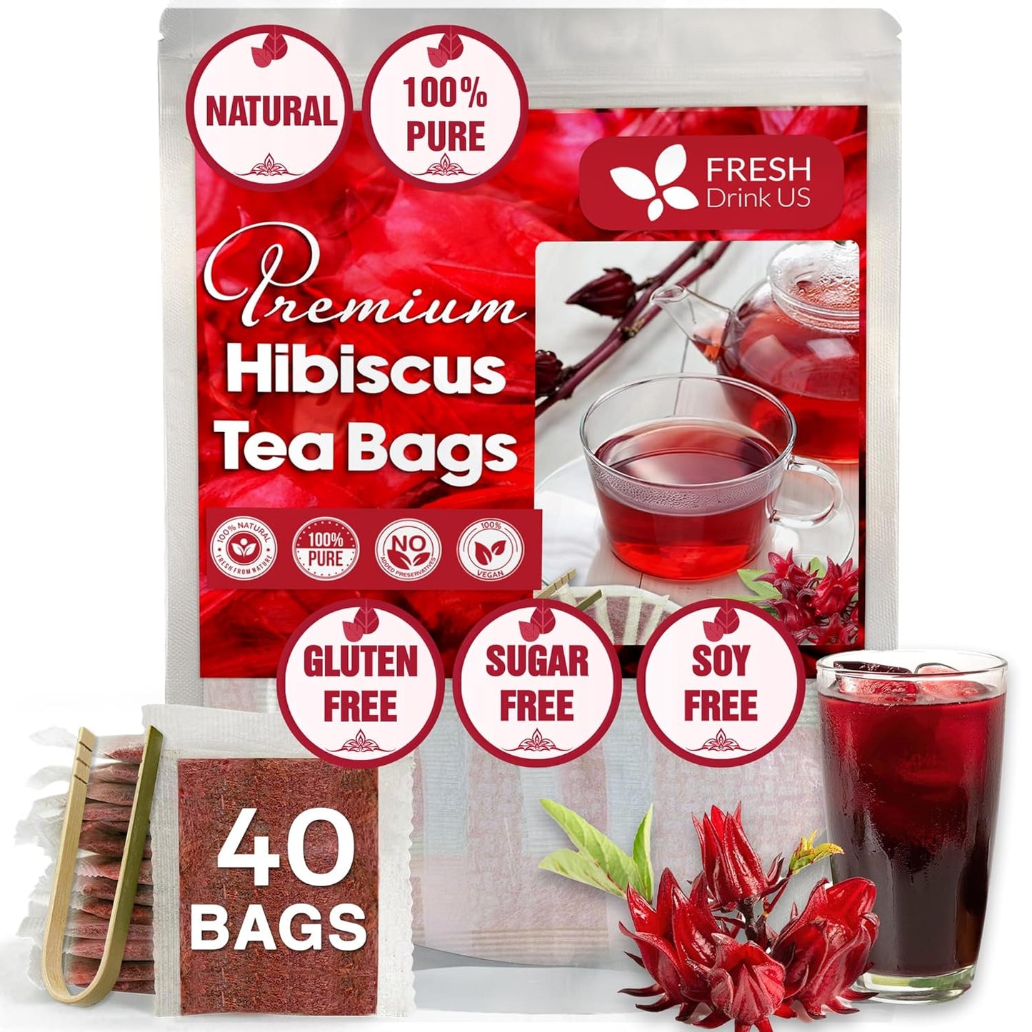FreshDrinkUS Premium 40 Hibiscus Tea Bags, 100% Natural, Pure Hibiscus, Loose Flower Herbal Tea. No Sugar, No Caffeine, No Gluten, Vegan