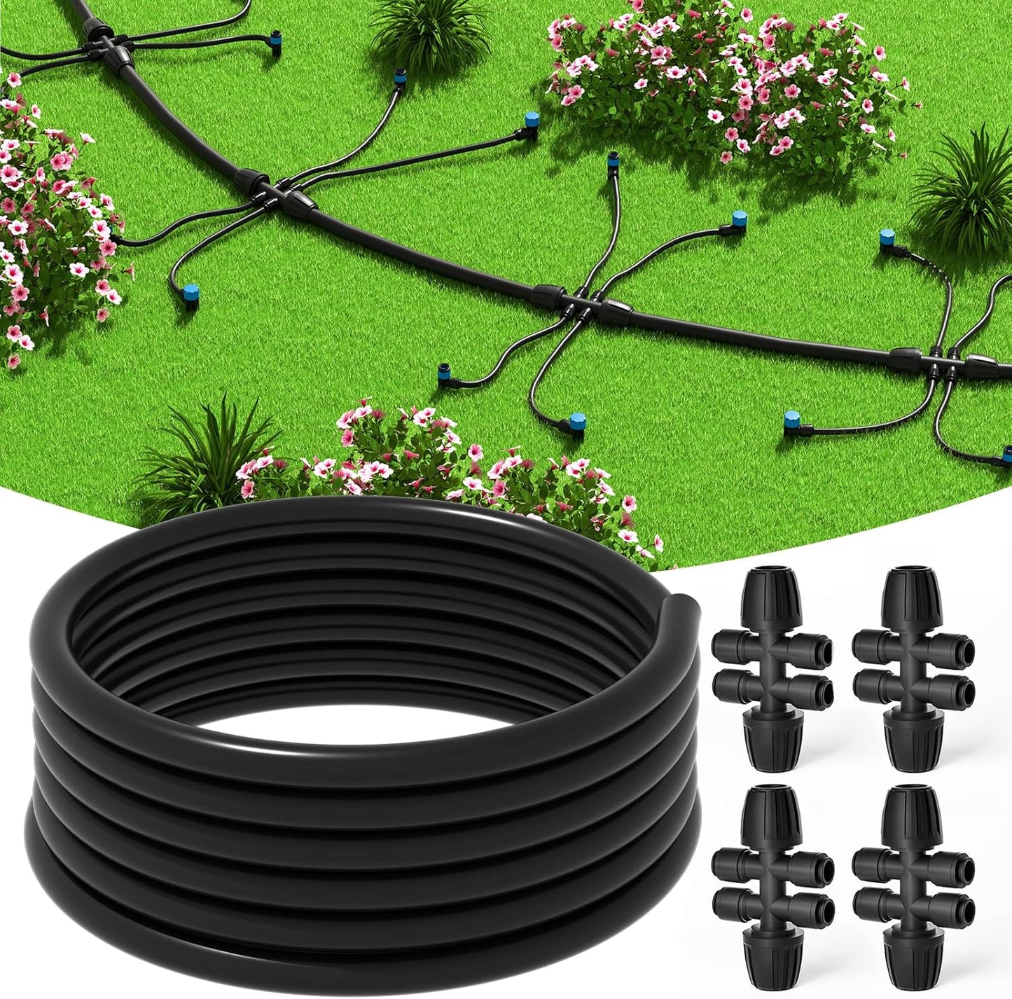 MIXC 50 FT 1/2 Inch Drip Irrigation Tubing Kit:Premium Garden and Landscape Watering System with 4 Quick Connector 4-Way Connector