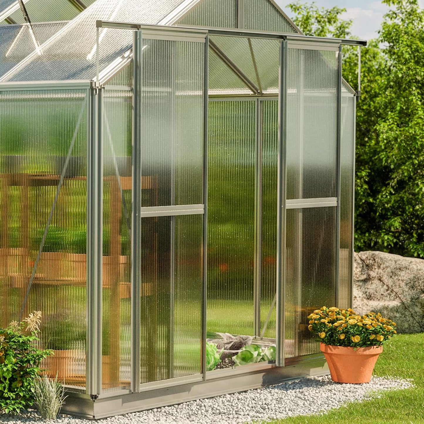 Greenhouse Saphir 3 Aluminum Frame 8.5 x 6.4 ft Approx. 6 mm Polycarbonate Panels - with Bonus Base Frame and Automatic Vent Opener