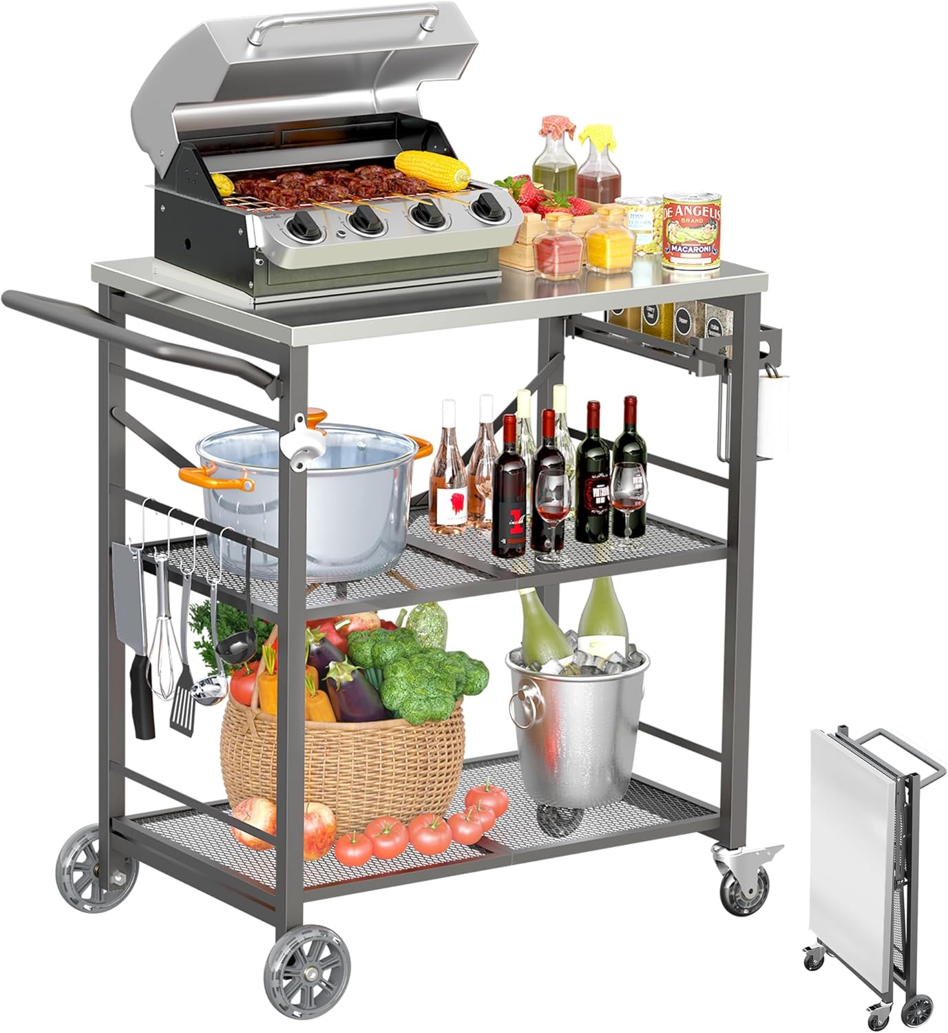 Ciokea Folding Outdoor Grill Cart with Wheels, 3-Shelf Grill Table with 27x18 in Stainless Steel Top, Rolling Pizza Oven Stand, Metal Portable Cart for BBQ Patio Camping (Grey)