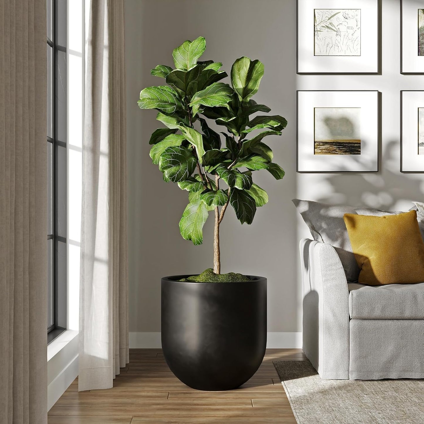 DTY Signature Mount Antero Lightweight and Durable Modern Fiberstone Bullet Shaped Planter Indoor & Outdoor Drainage Hole & Rubber Plug Weather Resistant, 20" H x 20" Dia, 16.9" Opening - Large, Black