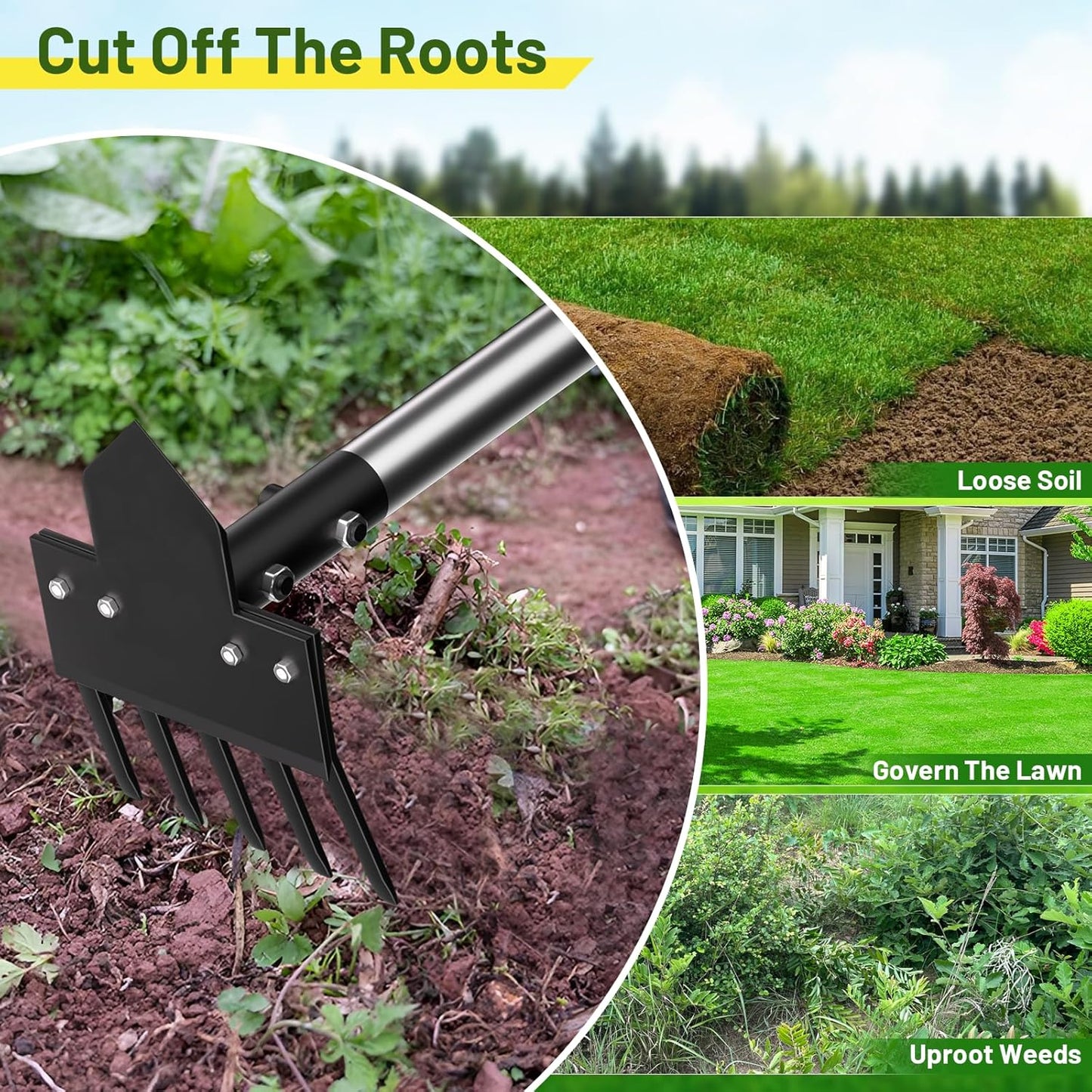 2-in-1 Heavy-Duty Weed Puller Tool with 5-Tine Rake – 30" to 60" Adjustable Handle, Hoes for Gardening, Hoe Garden Tools for Loosening Soil, Planting, Weeding